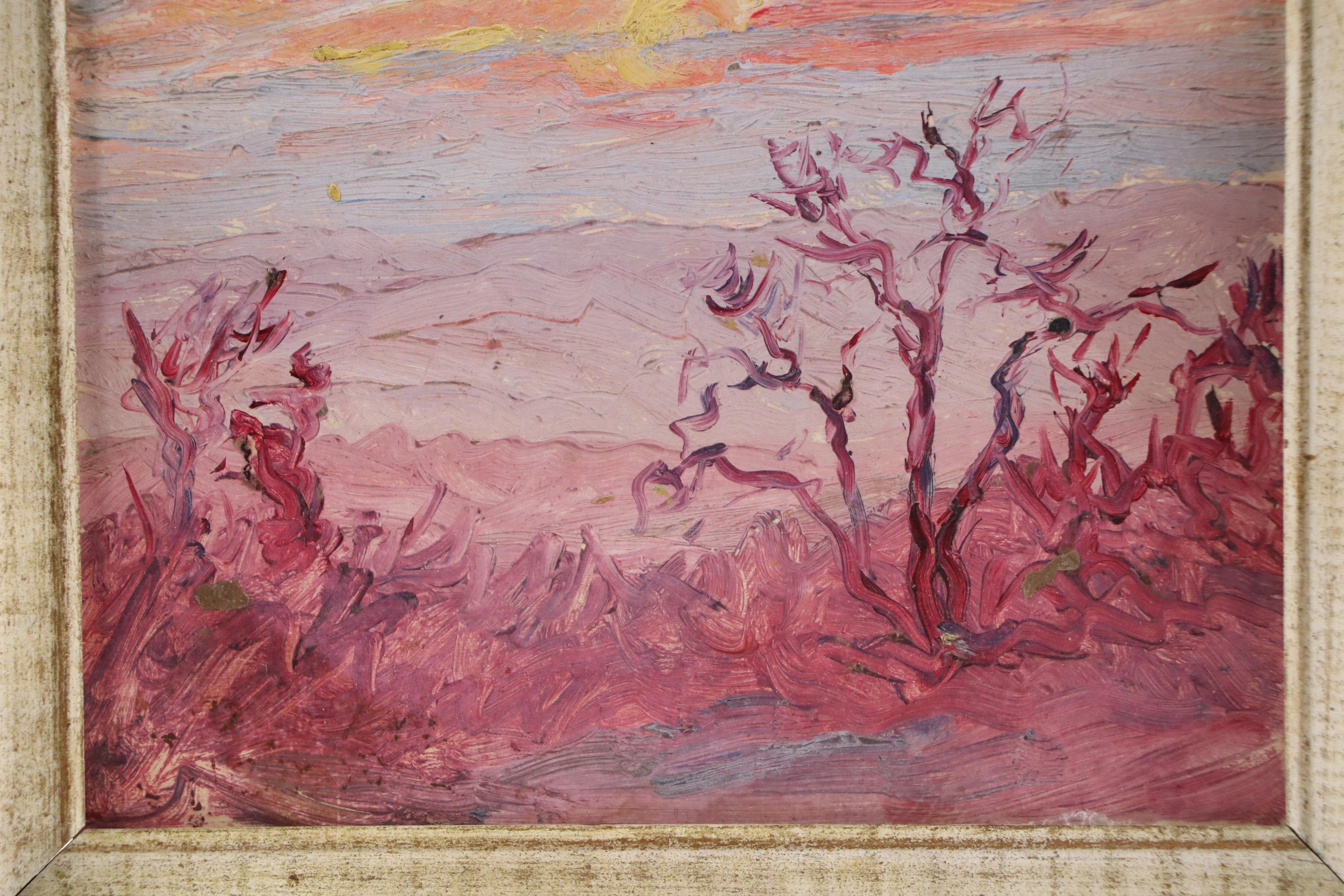 Attributed to Jeanne Reimbolte Sunset Landscape Oil Painting, Circa 1940