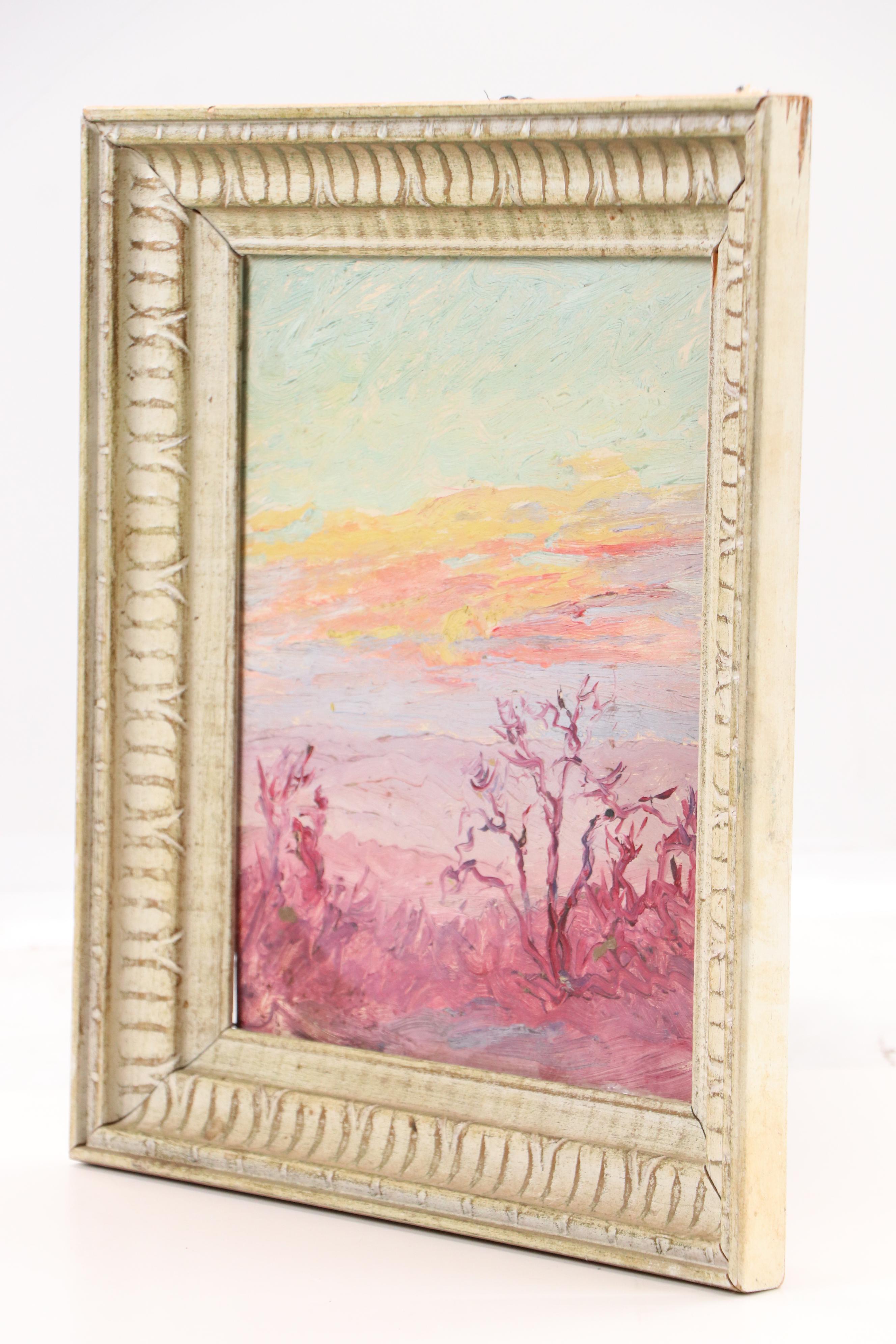 Attributed to Jeanne Reimbolte Sunset Landscape Oil Painting, Circa 1940