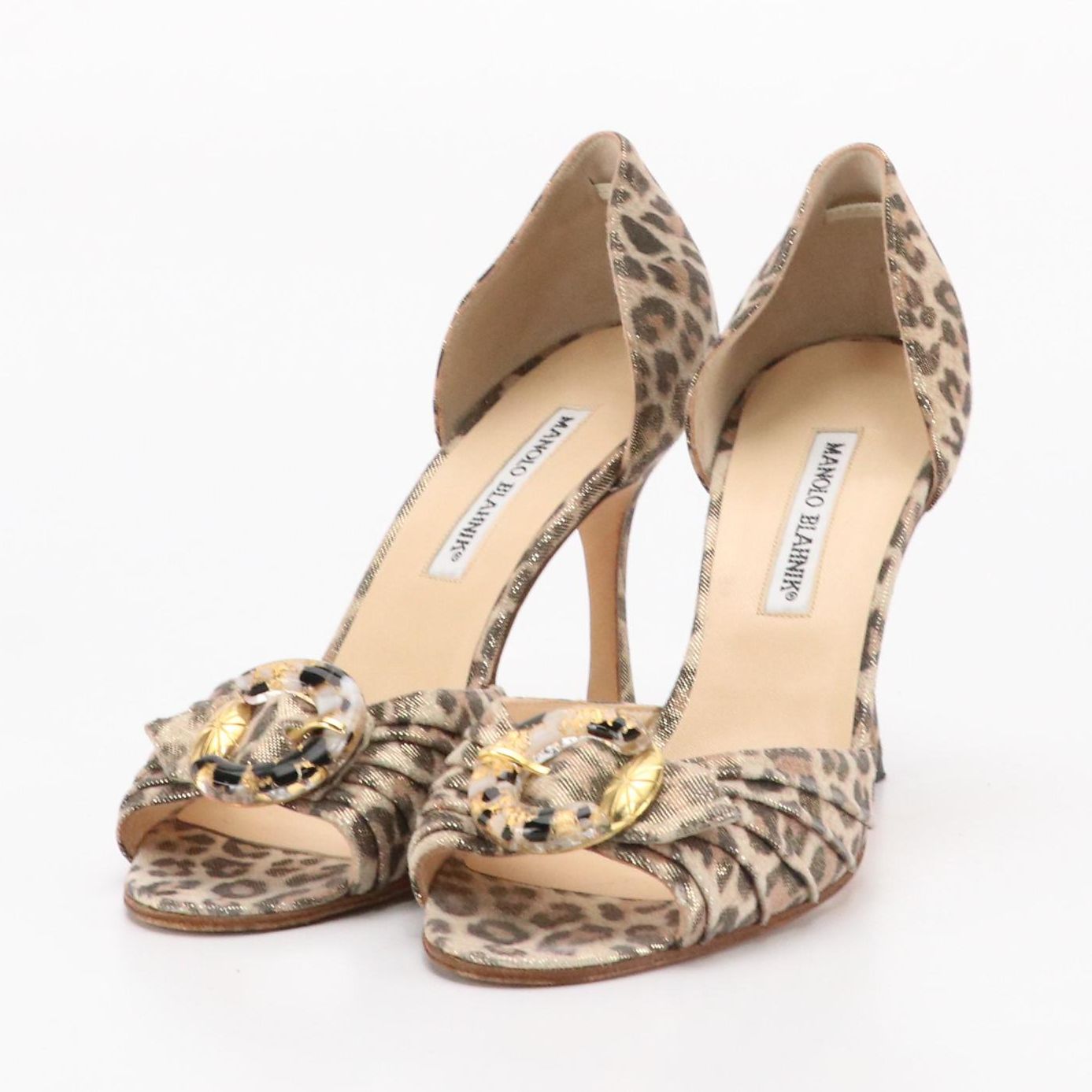 Manolo Blahnik Buckle Strap Peep-Toe D'Orsay Pumps in Leopard Print Suede