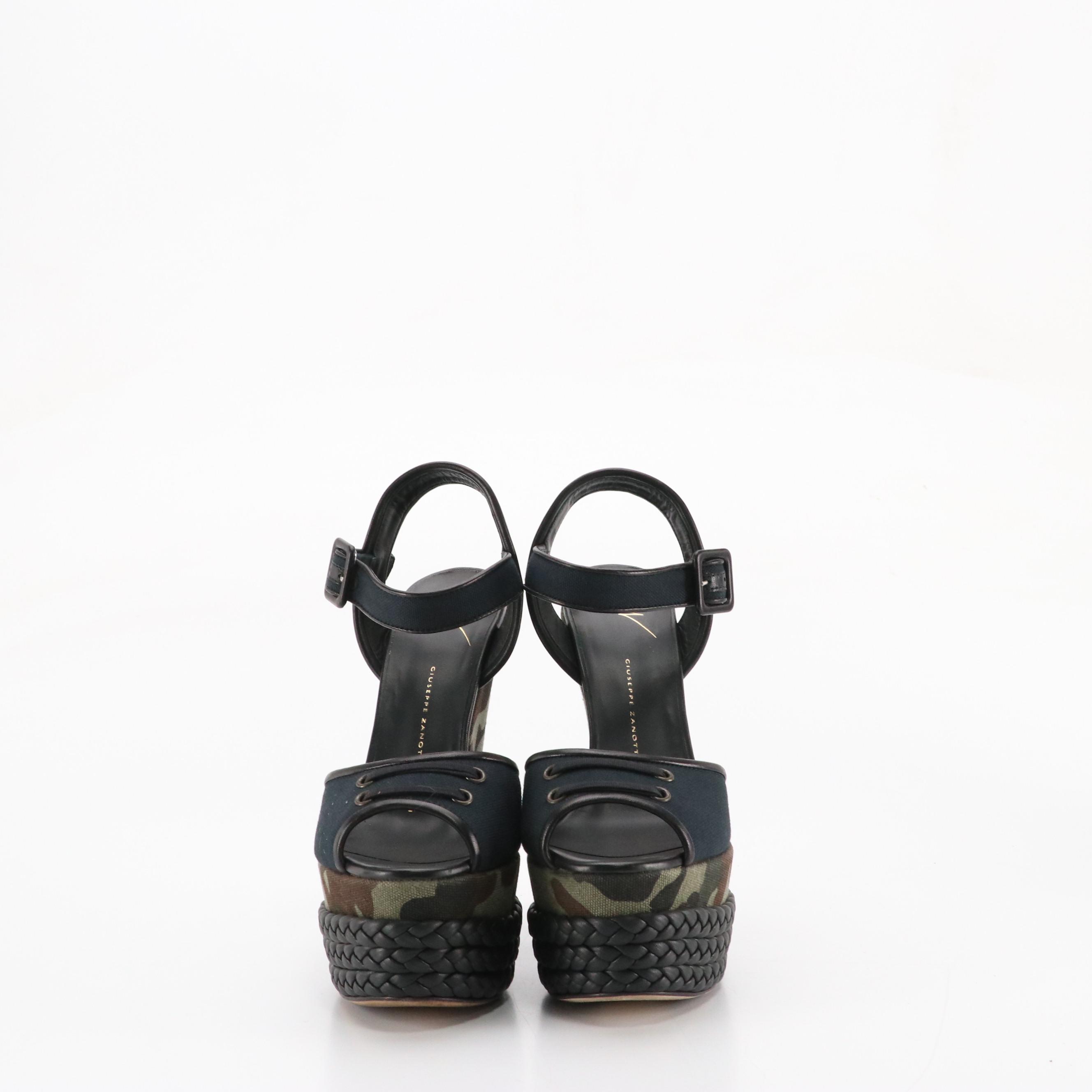 Giuseppe Zanotti Ultra High Platform Camo Wedges with Braided Leather Trim