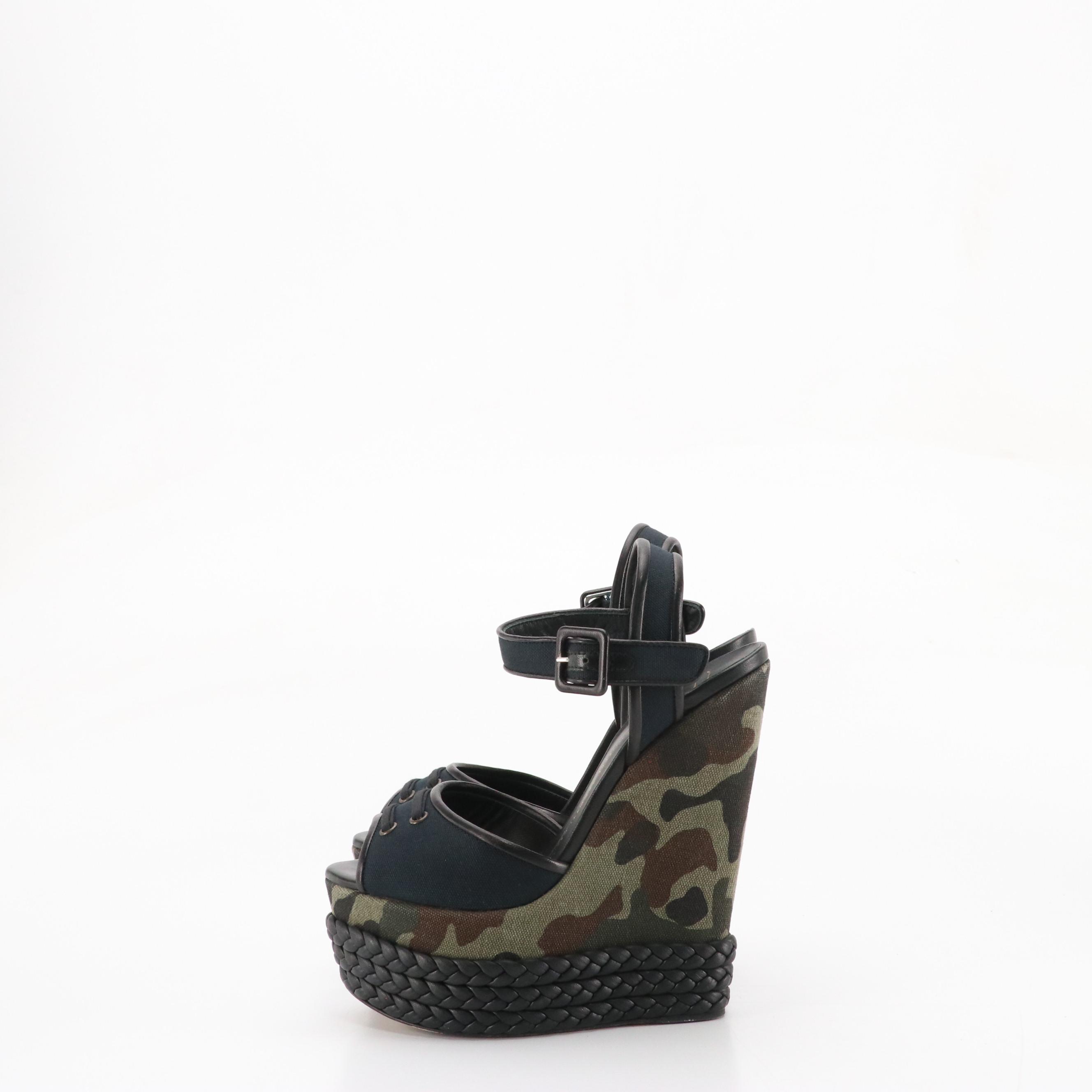 Giuseppe Zanotti Ultra High Platform Camo Wedges with Braided Leather Trim