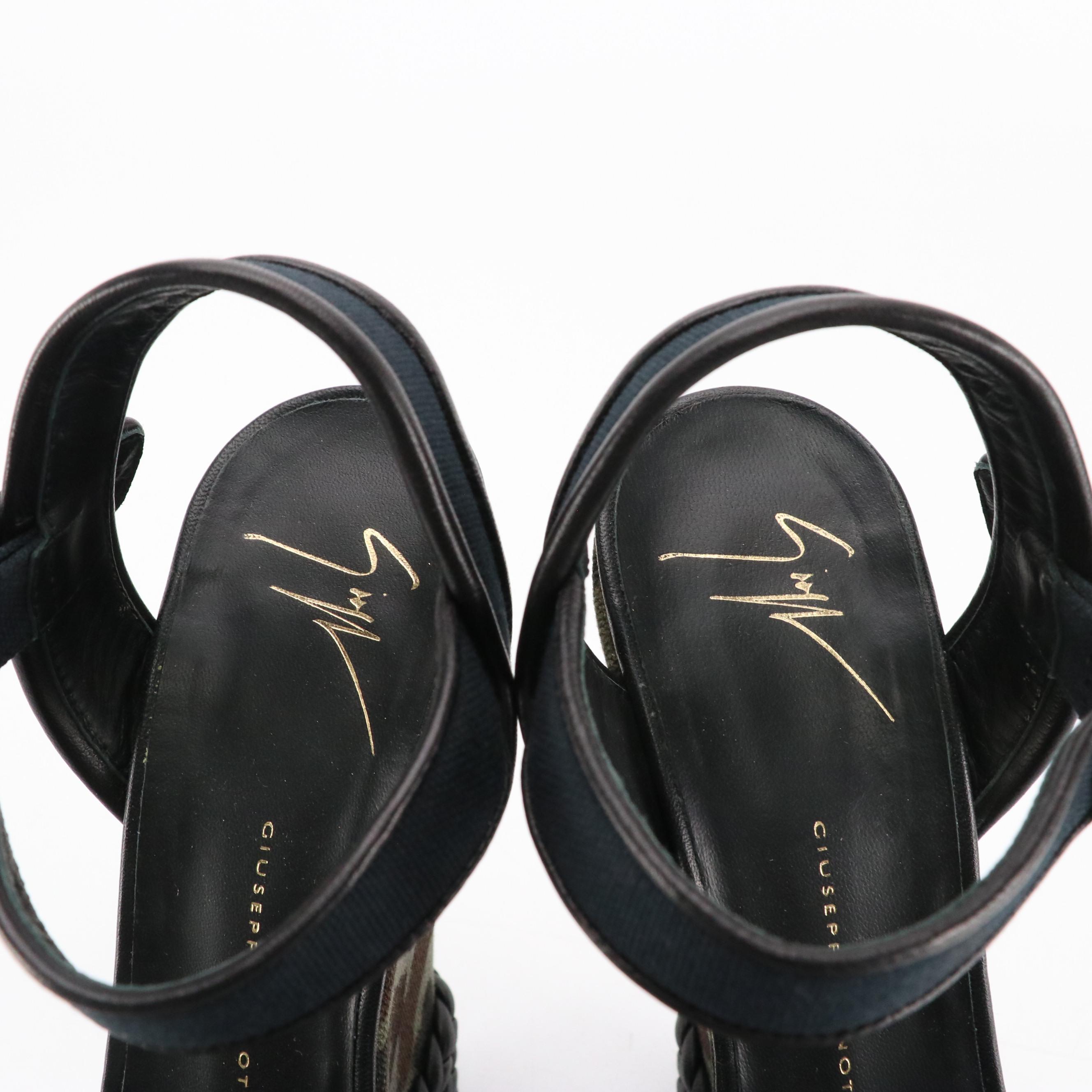 Giuseppe Zanotti Ultra High Platform Camo Wedges with Braided Leather Trim