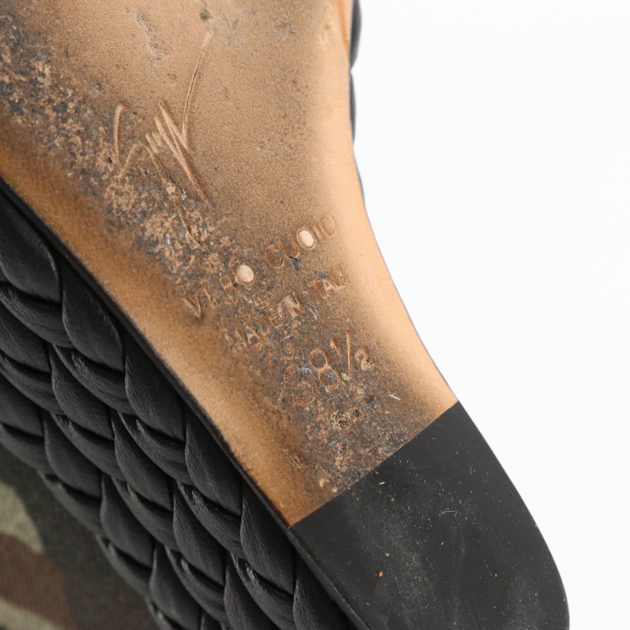 Giuseppe Zanotti Ultra High Platform Camo Wedges with Braided Leather Trim