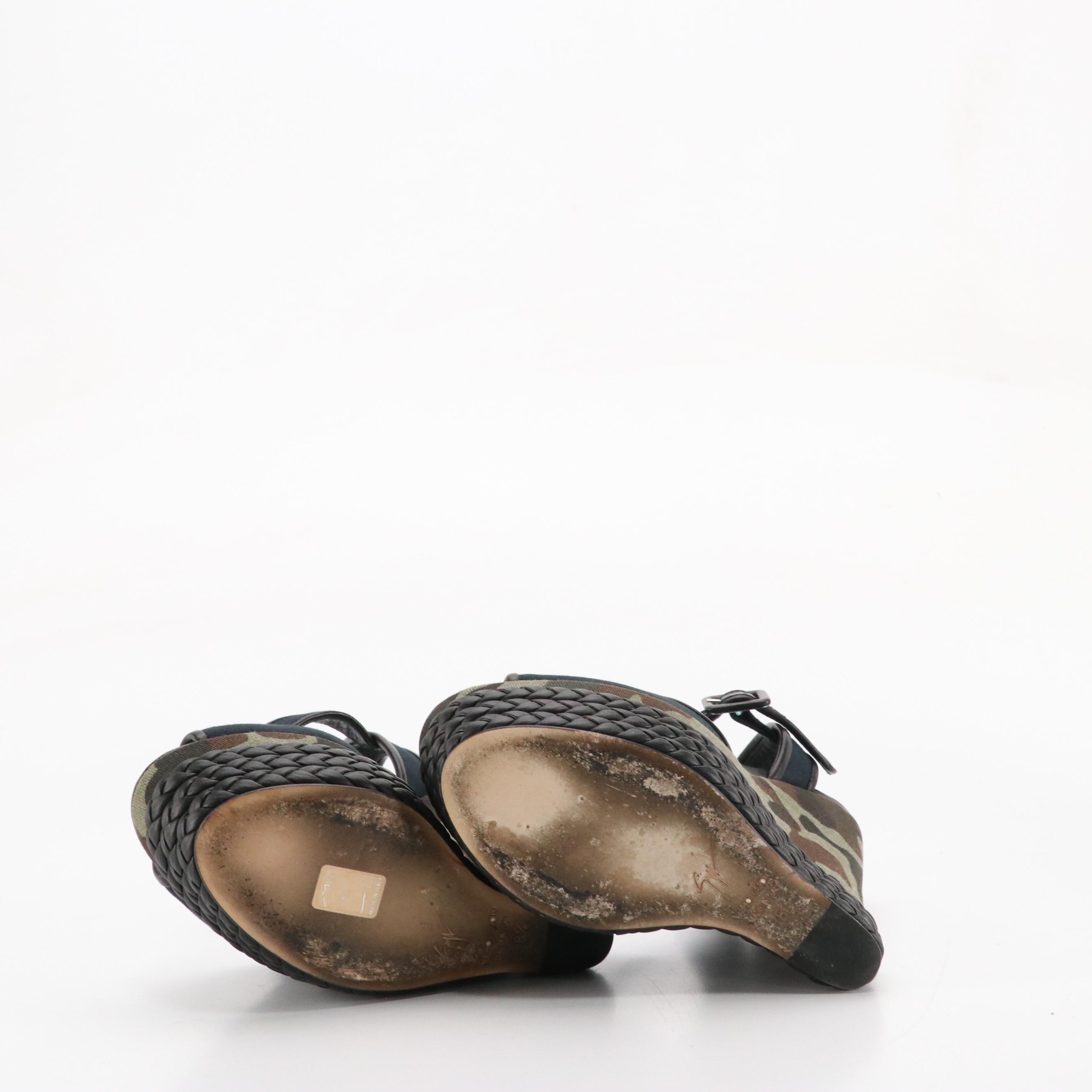 Giuseppe Zanotti Ultra High Platform Camo Wedges with Braided Leather Trim