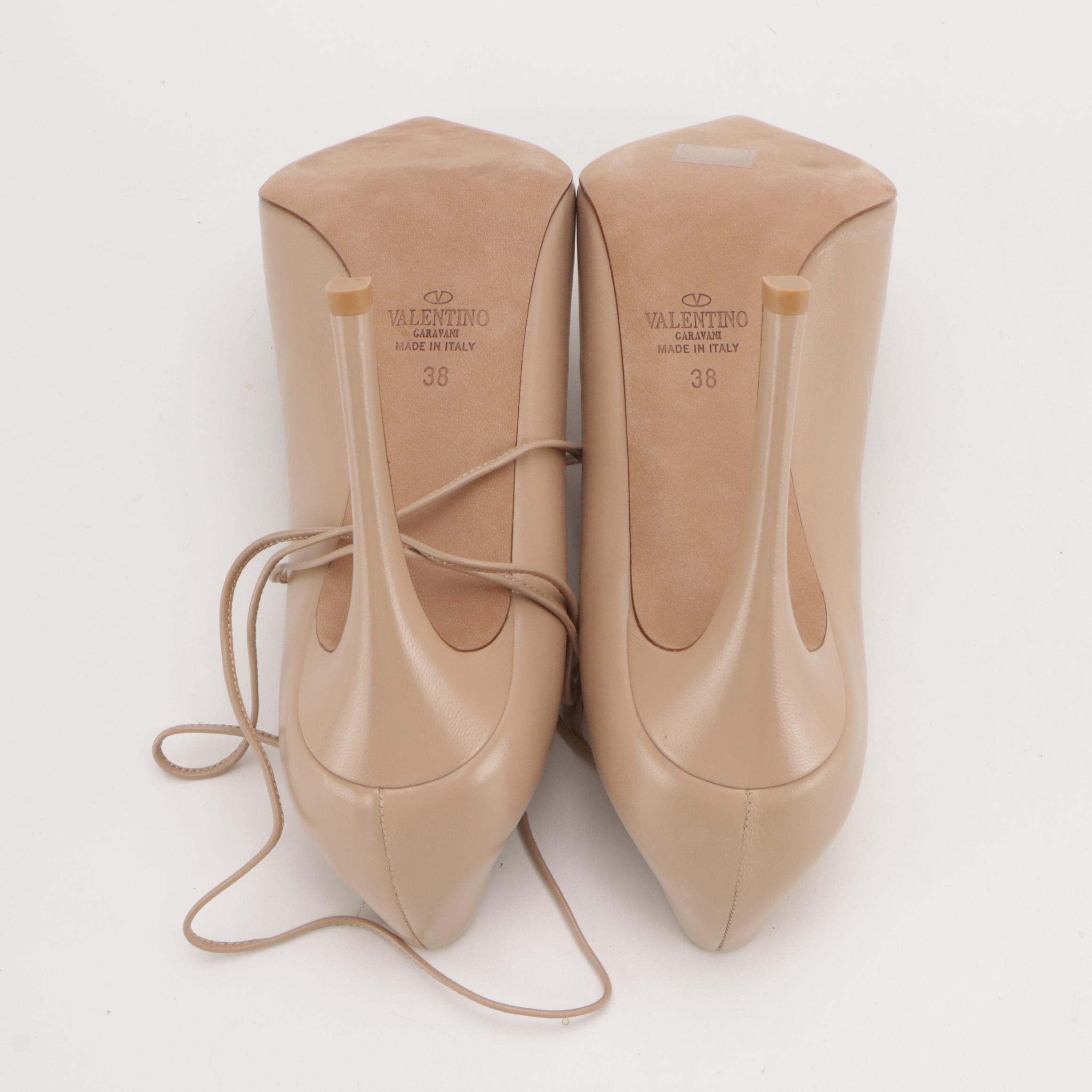 Valentino Garavani Lace Up Peep-Toe Pumps in Nude Calfskin Leather