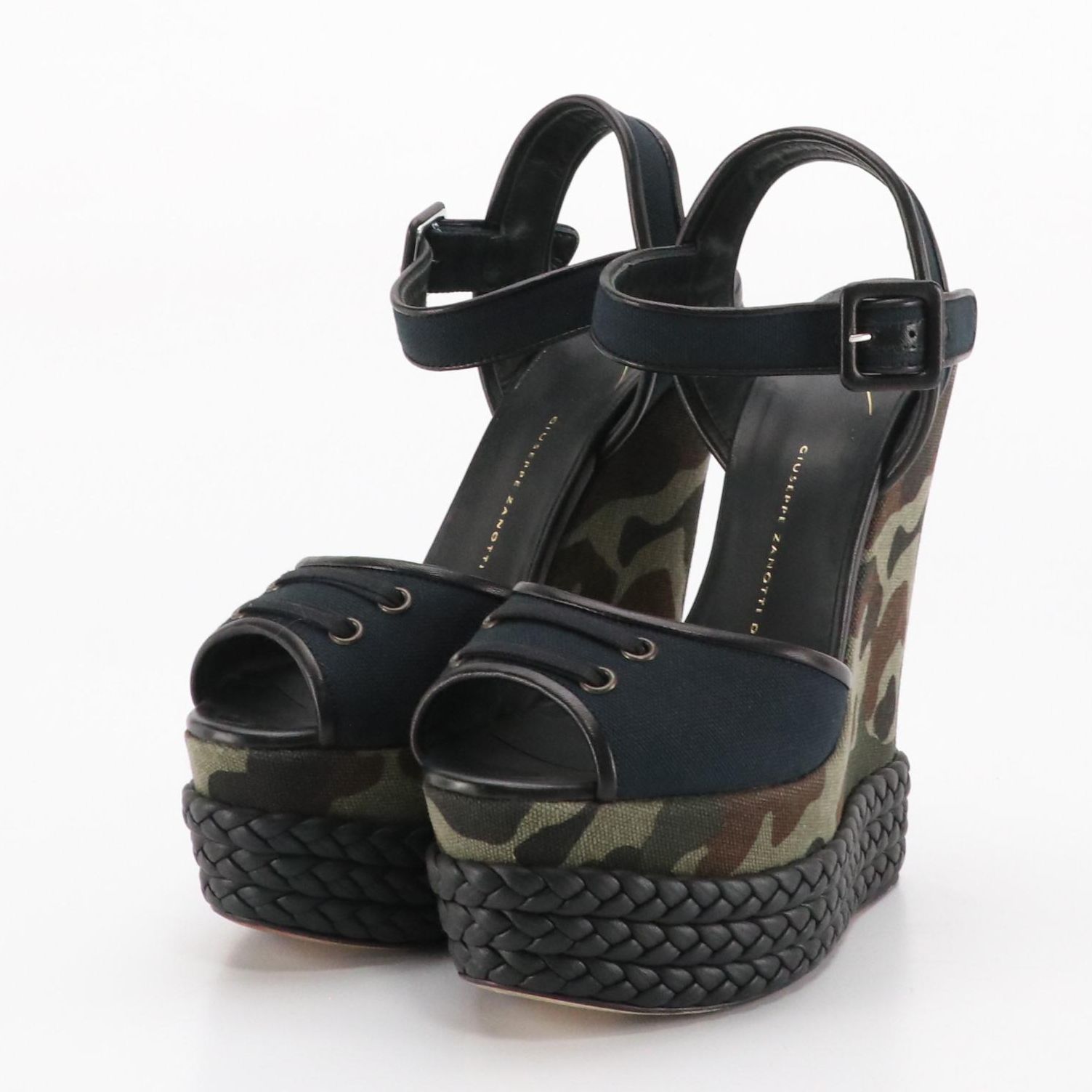 Giuseppe Zanotti Ultra High Platform Camo Wedges with Braided Leather Trim