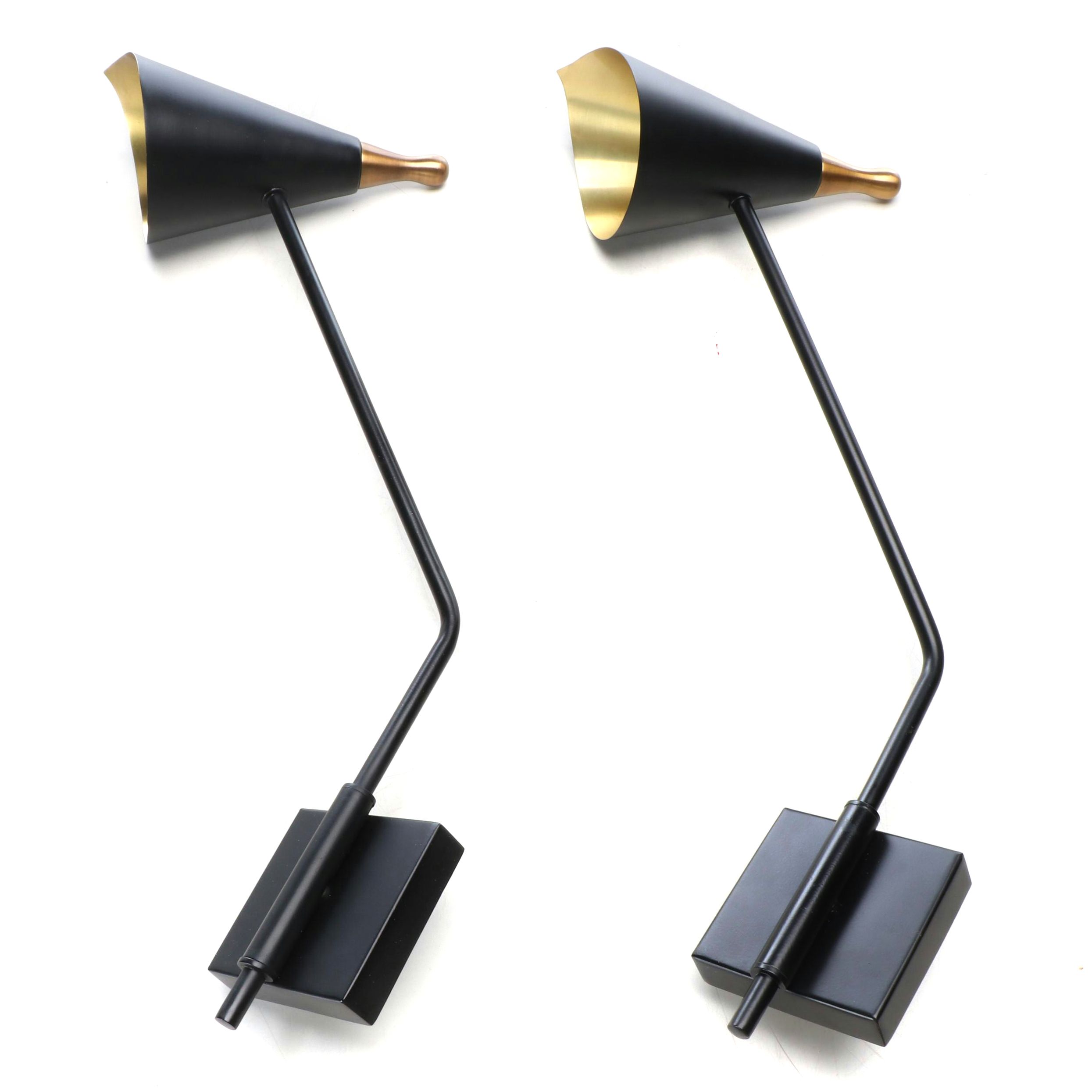 Pair of Bobo Satin Black and Gold Tone Wall Mount Bedside Reading Lights