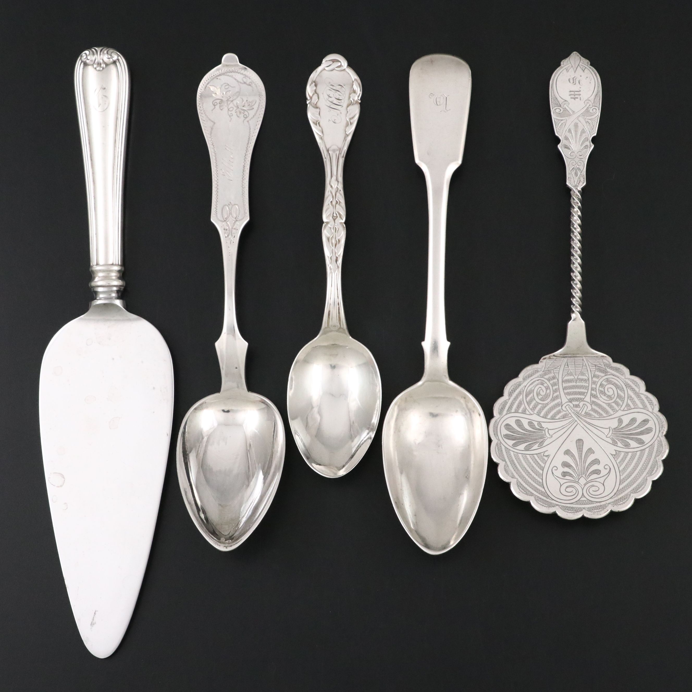 Duhme & Co. Cincinnati Coin Silver Spoon with Bright Cut and Other Utensils