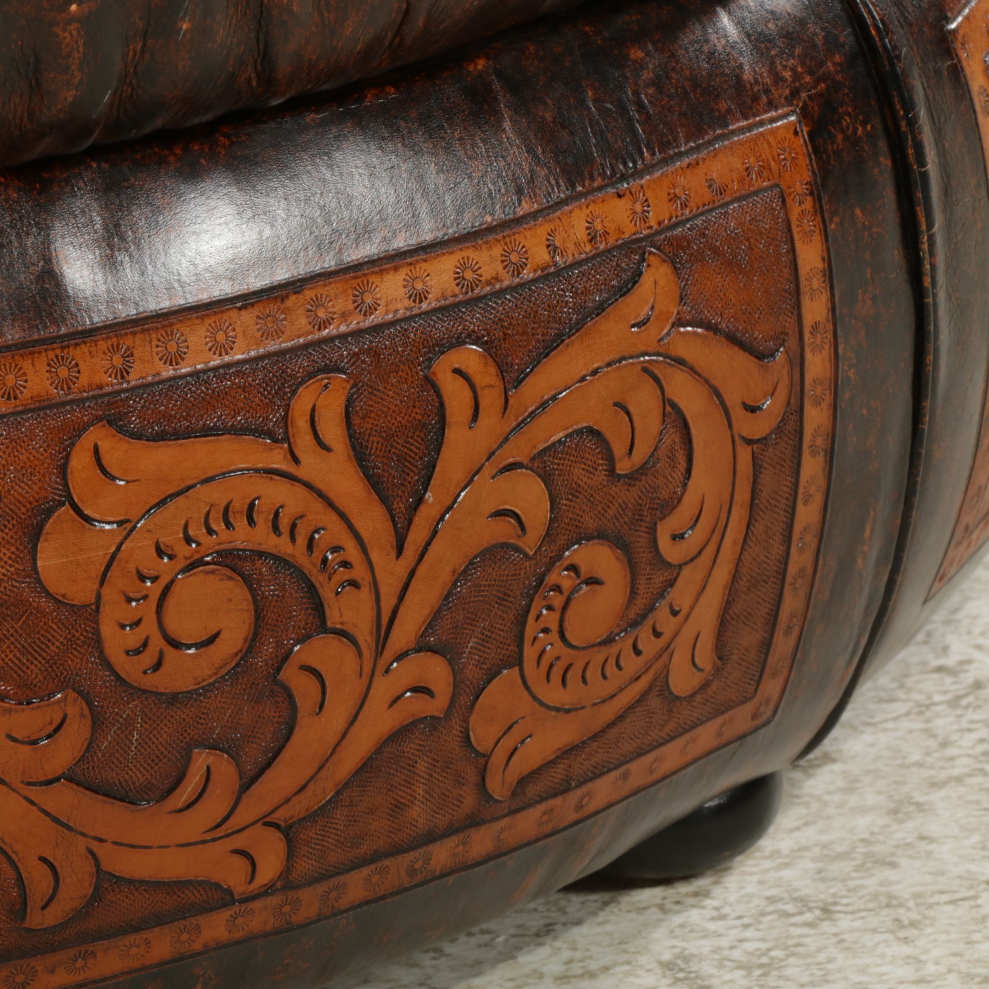 Tooled Leather Ottoman