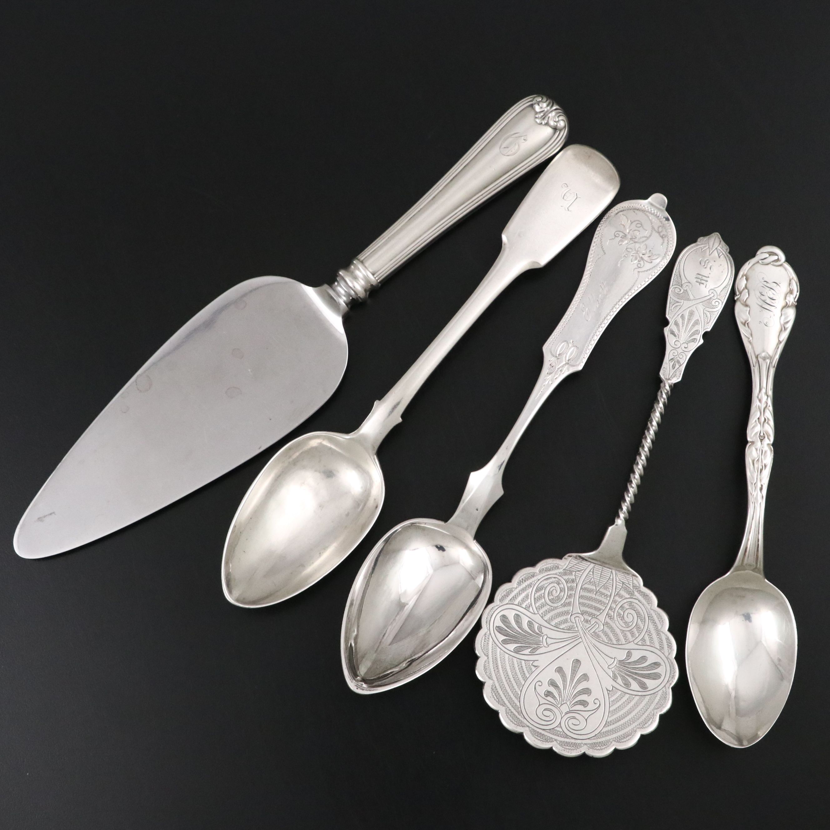 Duhme & Co. Cincinnati Coin Silver Spoon with Bright Cut and Other Utensils