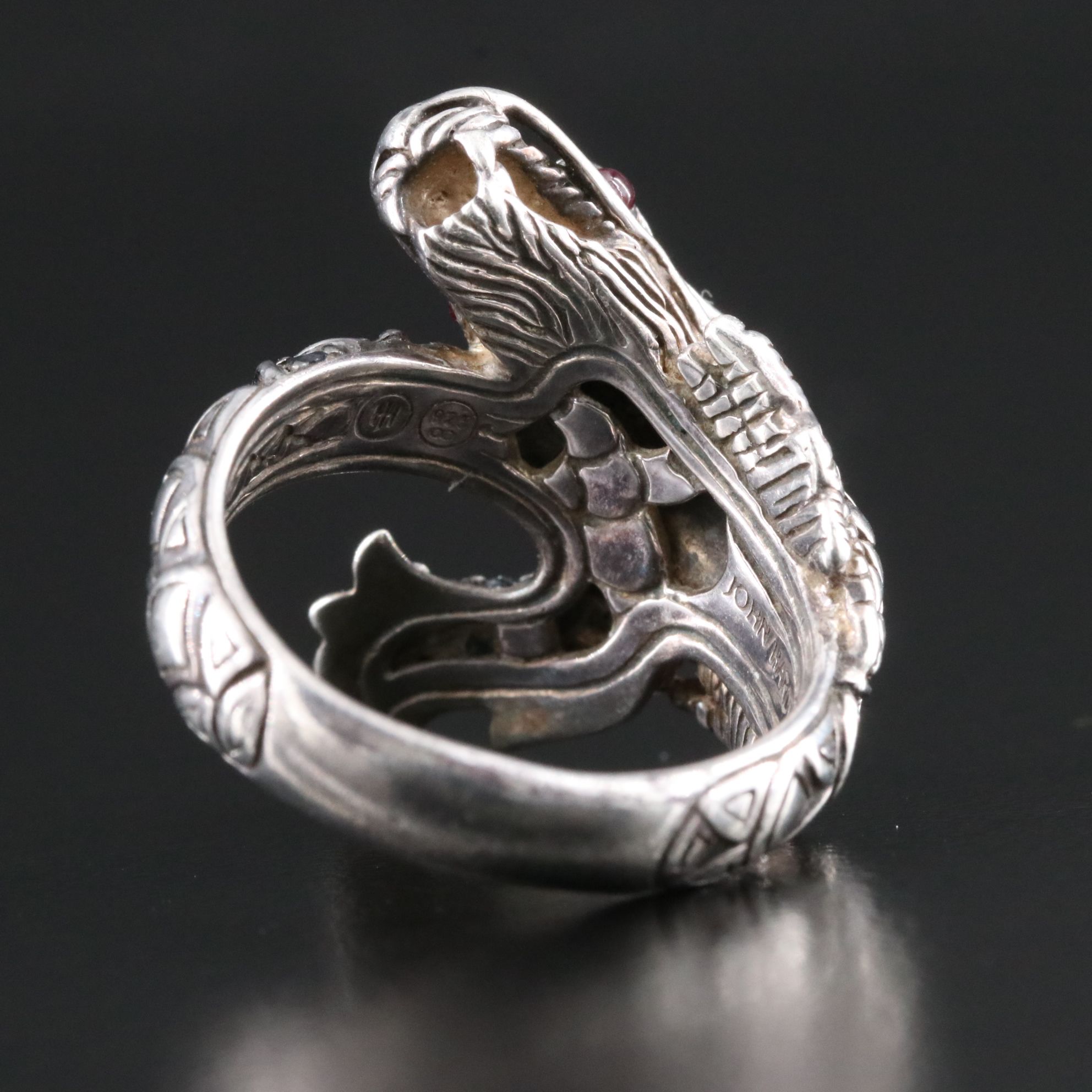 John Hardy Legends Naga Sterling Black Sapphire and Ruby  Dragon Wrap Ring