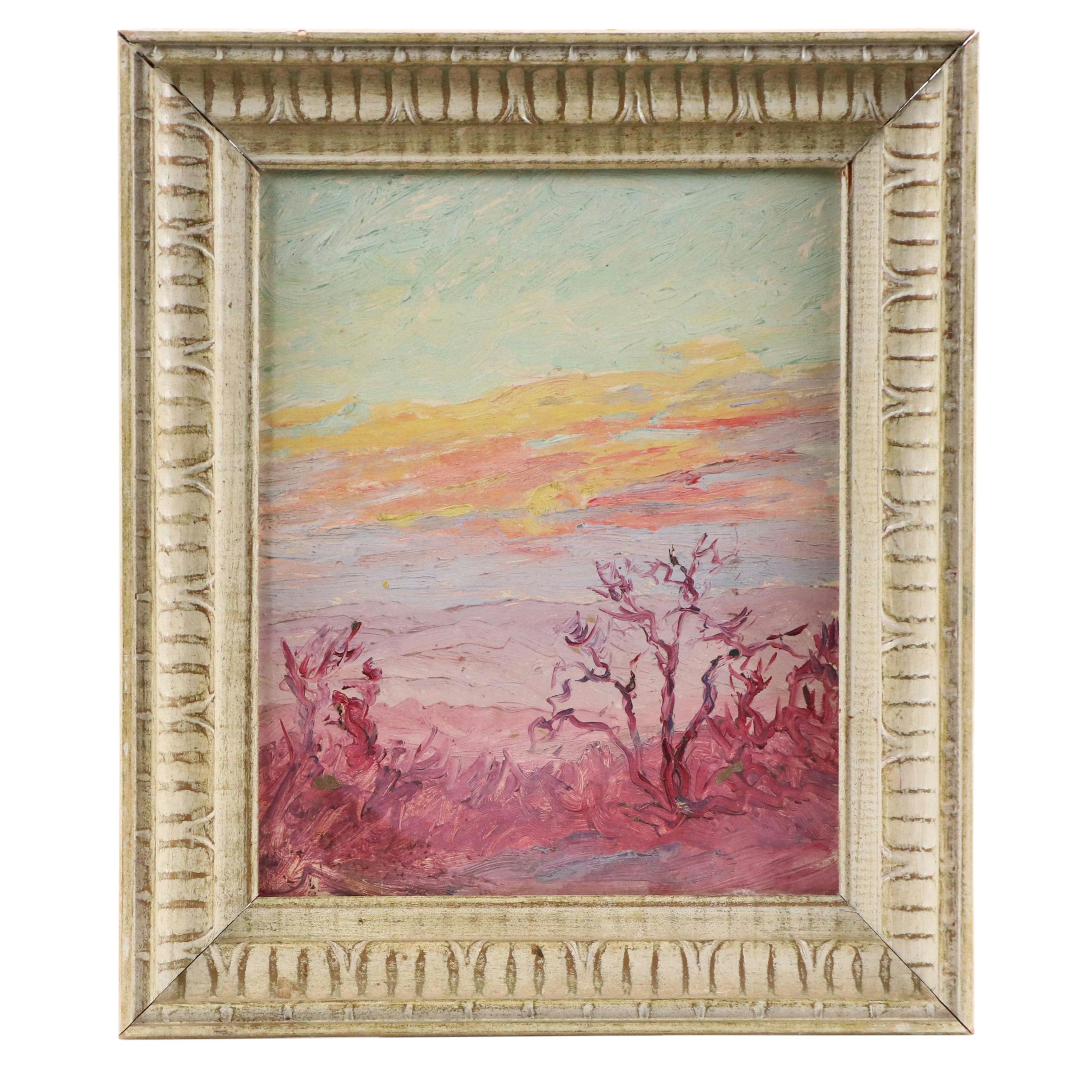 Attributed to Jeanne Reimbolte Sunset Landscape Oil Painting, Circa 1940
