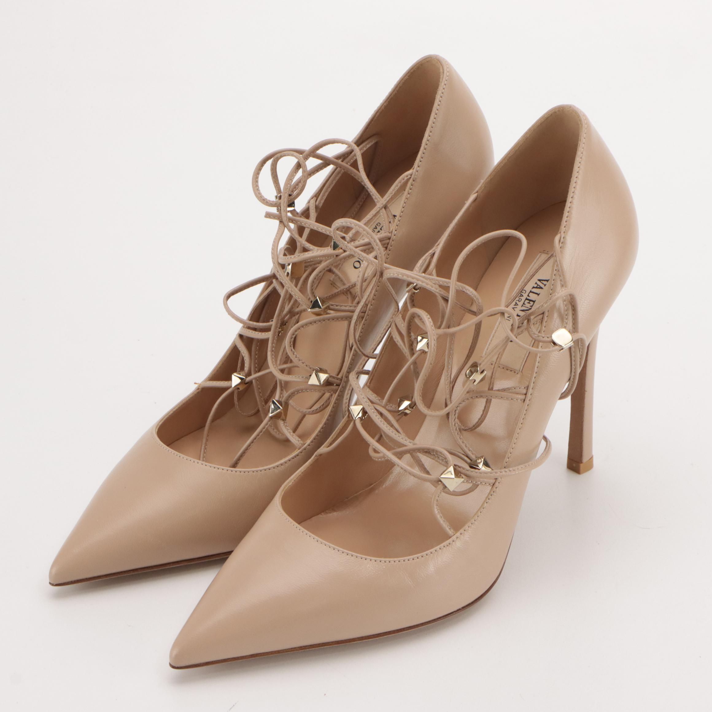 Valentino Garavani Lace Up Peep-Toe Pumps in Nude Calfskin Leather