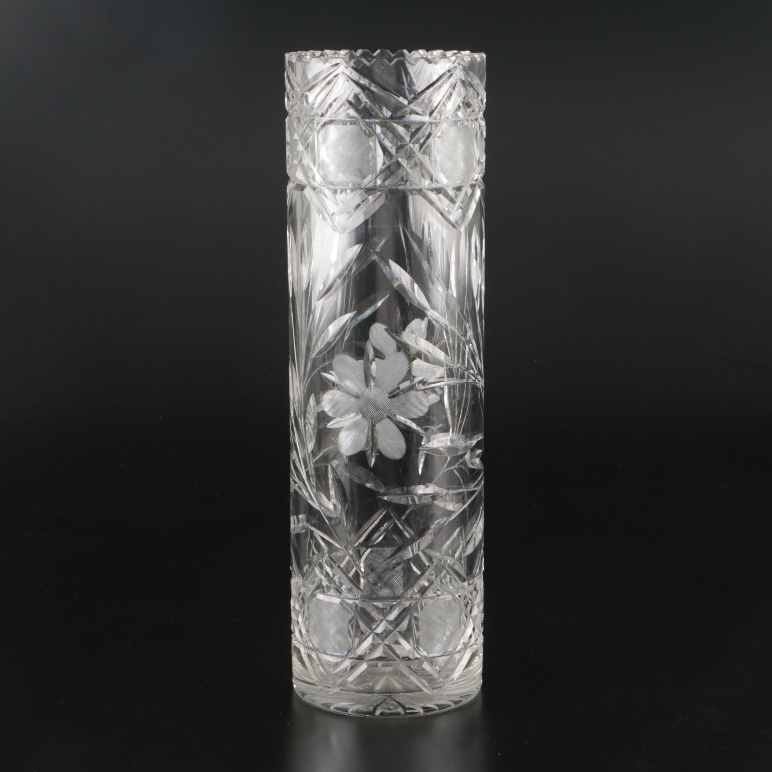 American Brilliant Cut Glass Cylindrical Vase and Sawtooth Rim Pitcher, 20th C.