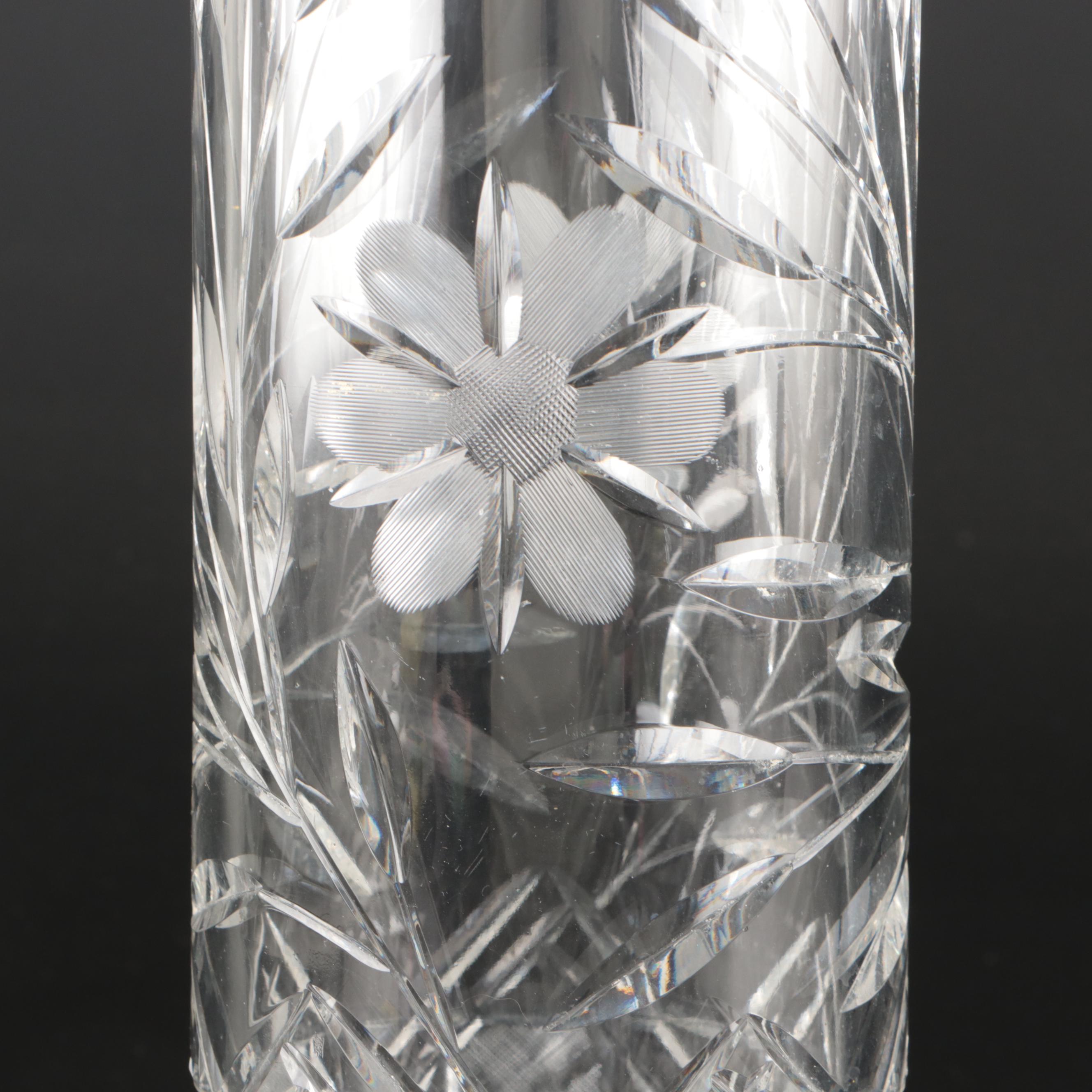 American Brilliant Cut Glass Cylindrical Vase and Sawtooth Rim Pitcher, 20th C.