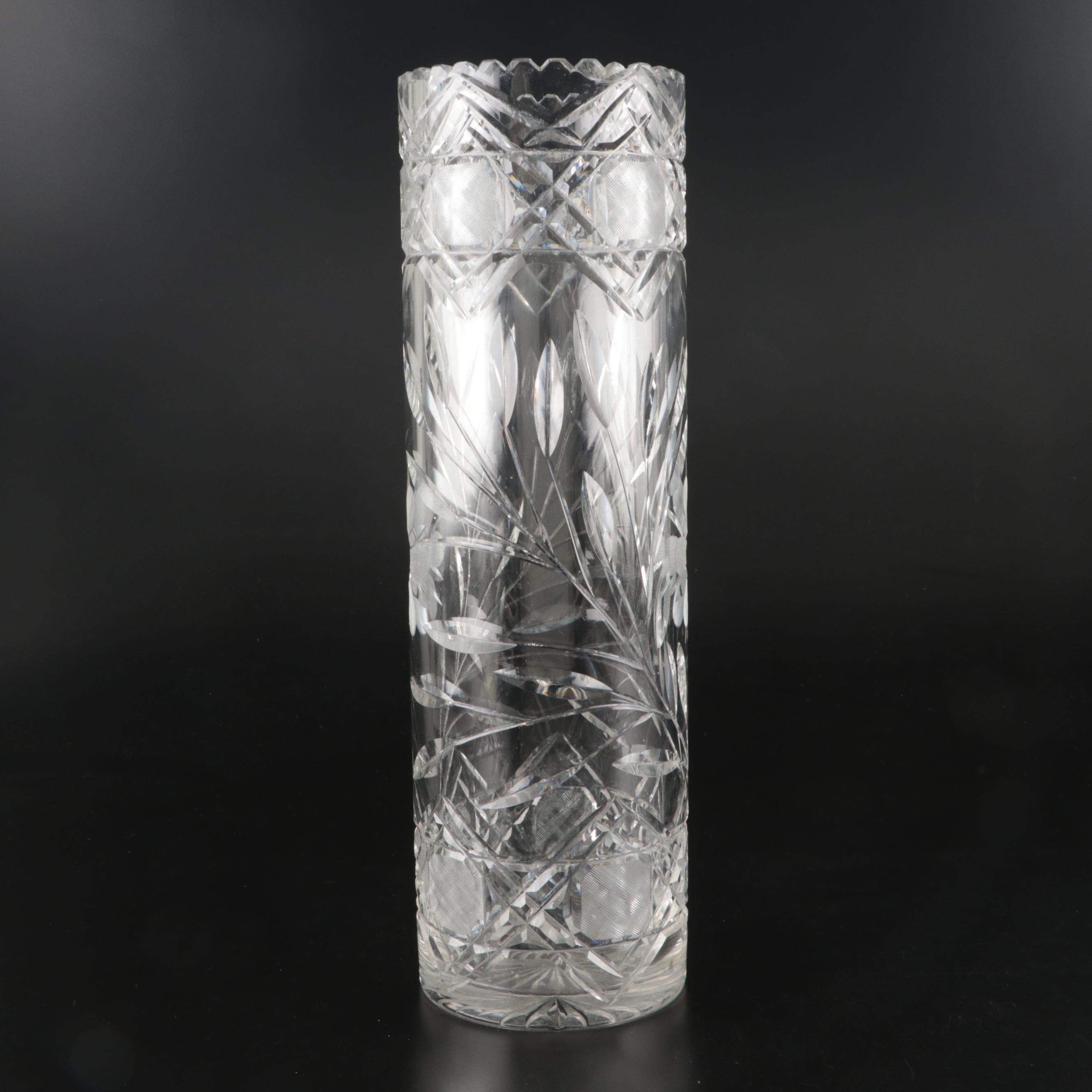 American Brilliant Cut Glass Cylindrical Vase and Sawtooth Rim Pitcher, 20th C.