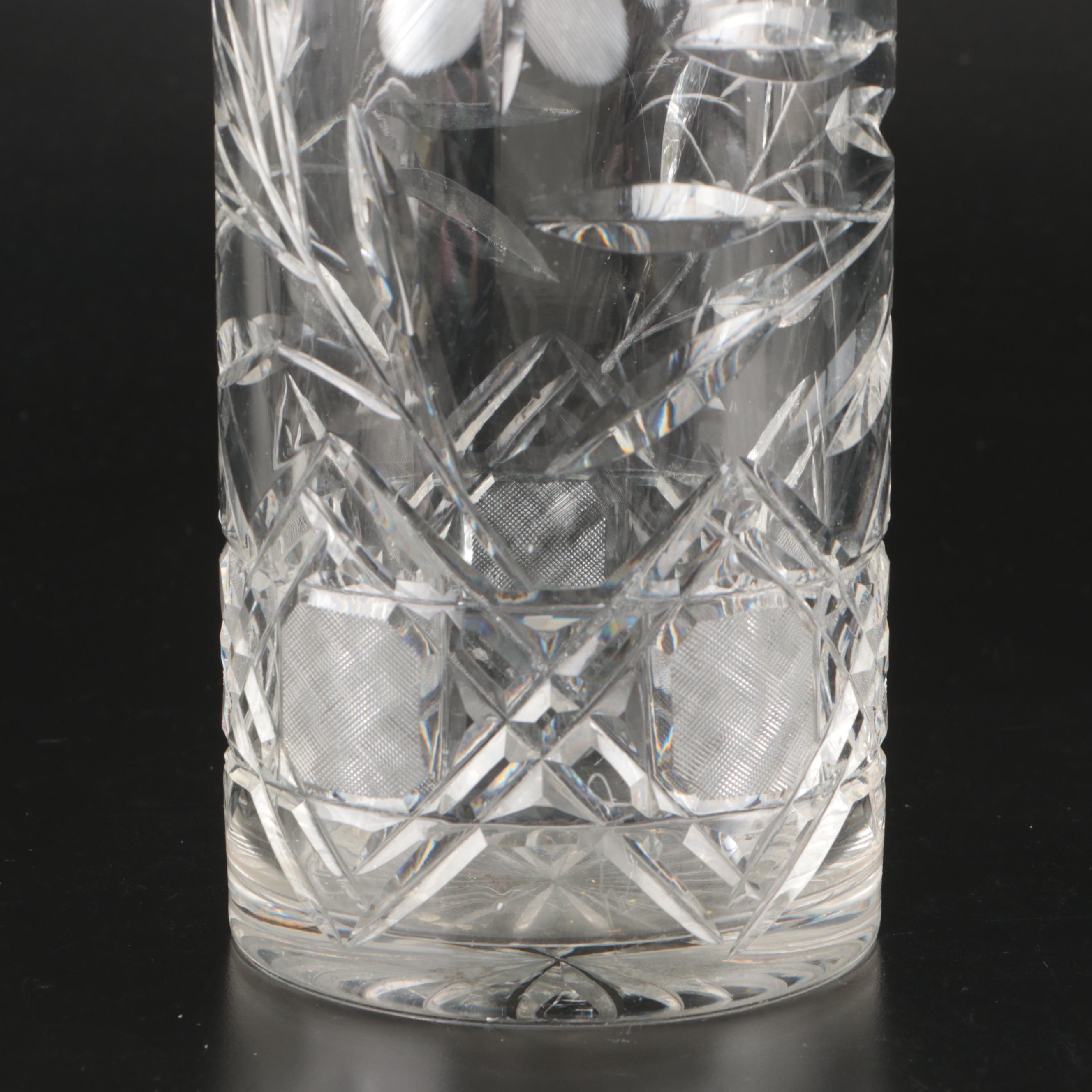 American Brilliant Cut Glass Cylindrical Vase and Sawtooth Rim Pitcher, 20th C.