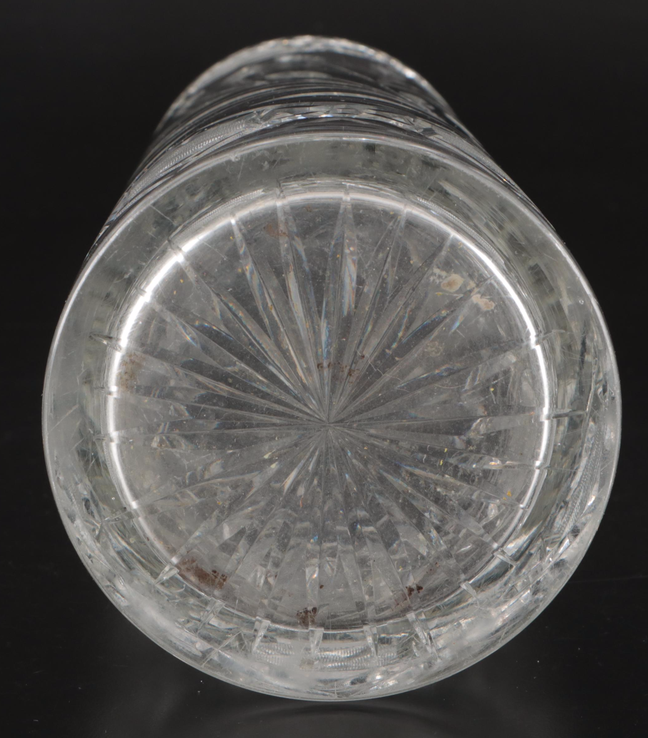 American Brilliant Cut Glass Cylindrical Vase and Sawtooth Rim Pitcher, 20th C.