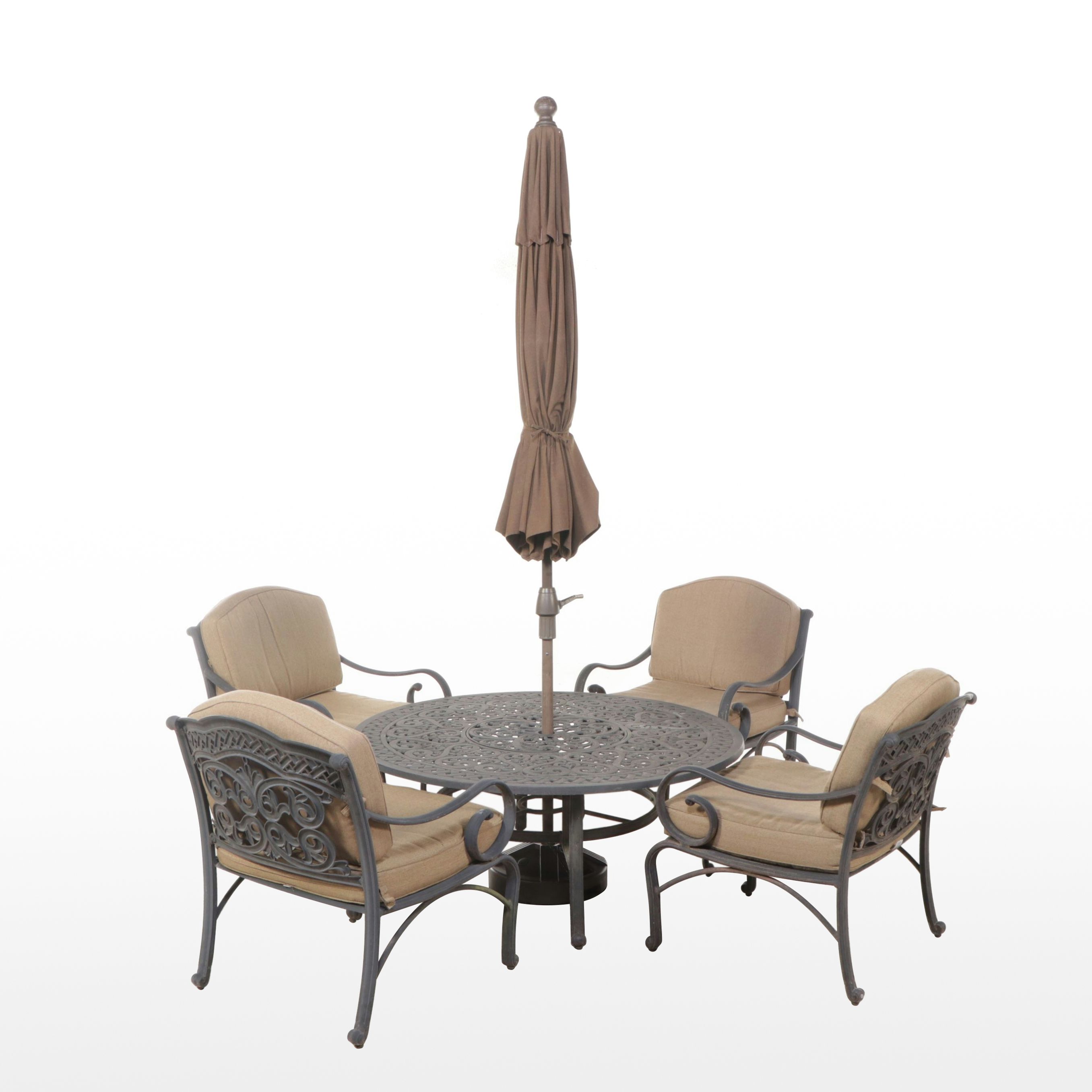 Cast Metal Five-Piece Patio Low Dining Set with Umbrella