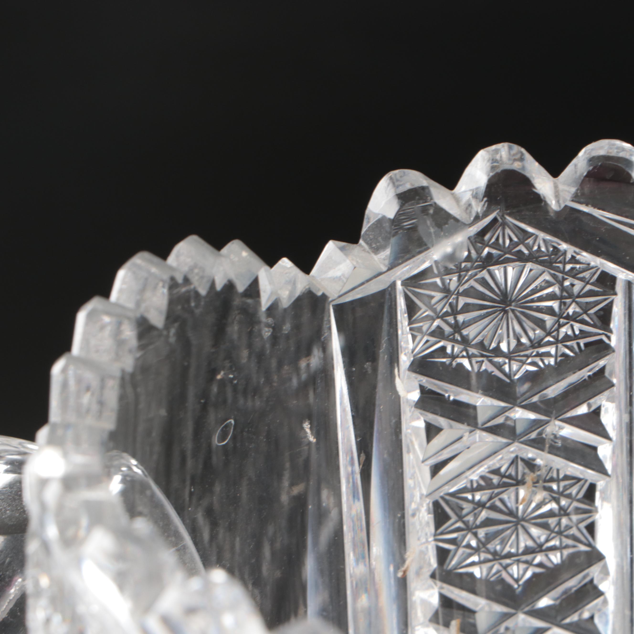 American Brilliant Cut Glass Cylindrical Vase and Sawtooth Rim Pitcher, 20th C.