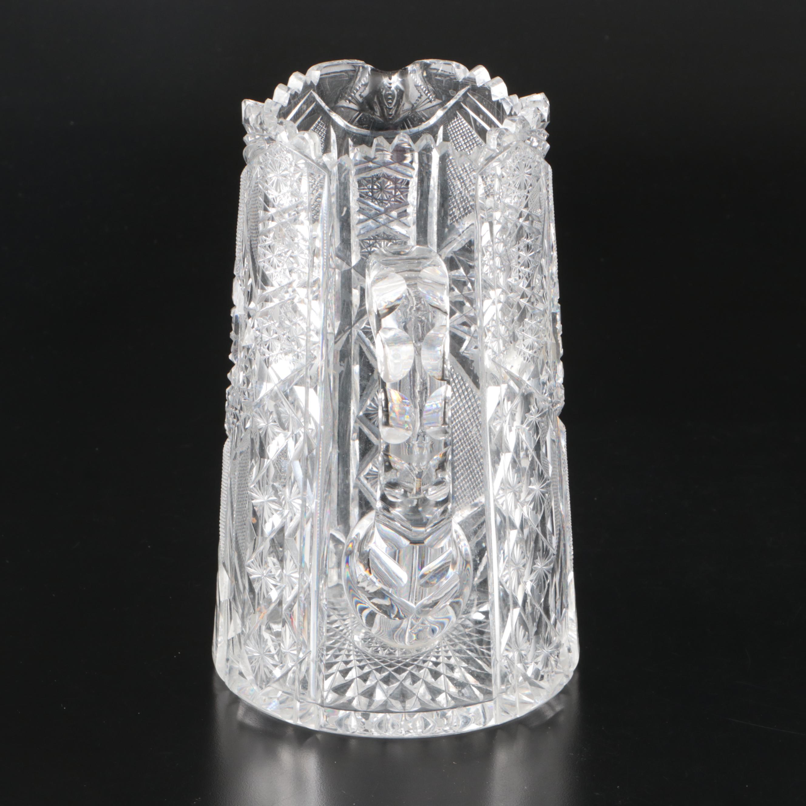 American Brilliant Cut Glass Cylindrical Vase and Sawtooth Rim Pitcher, 20th C.