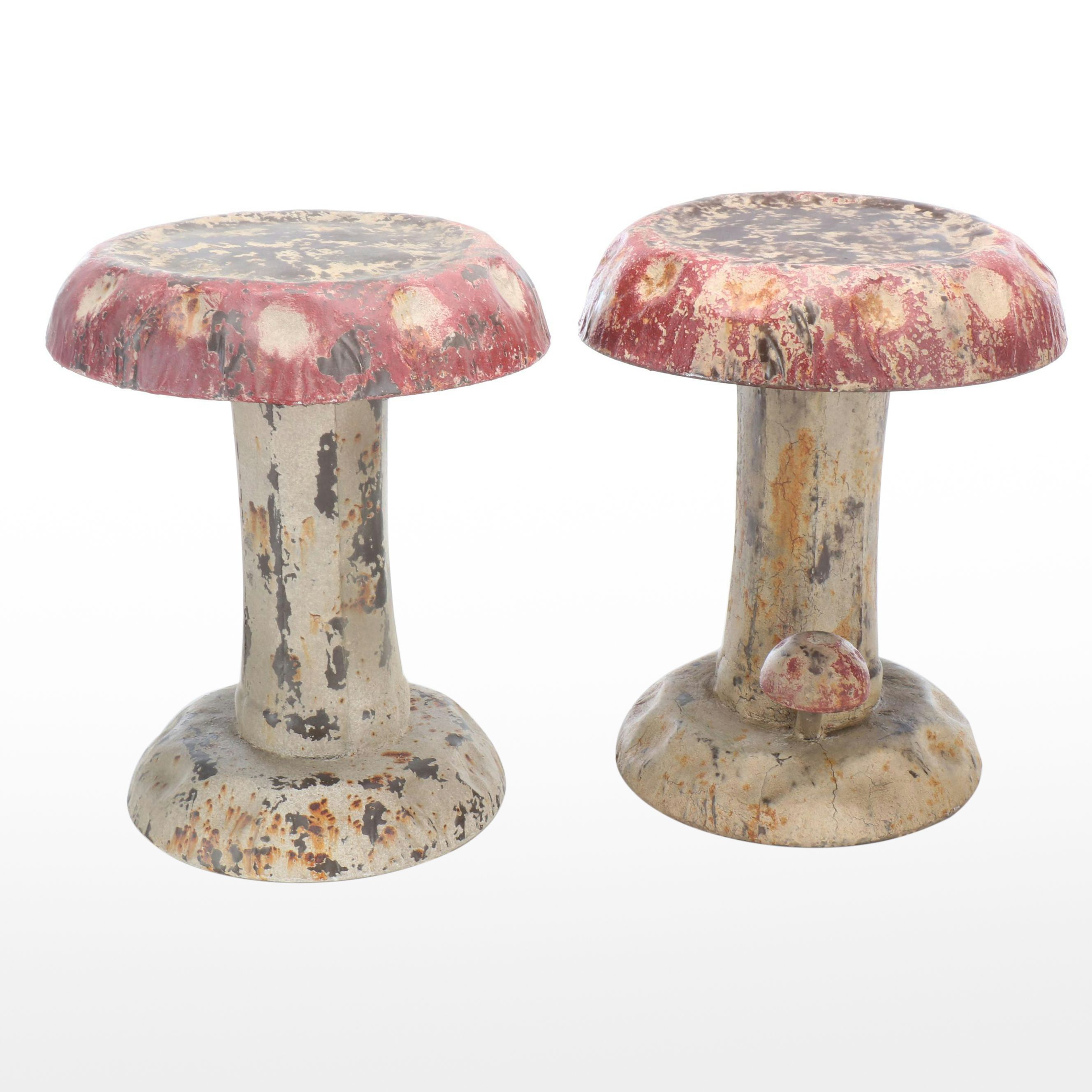 Pair of Polychrome Decorated Metal Toadstool Garden Seats