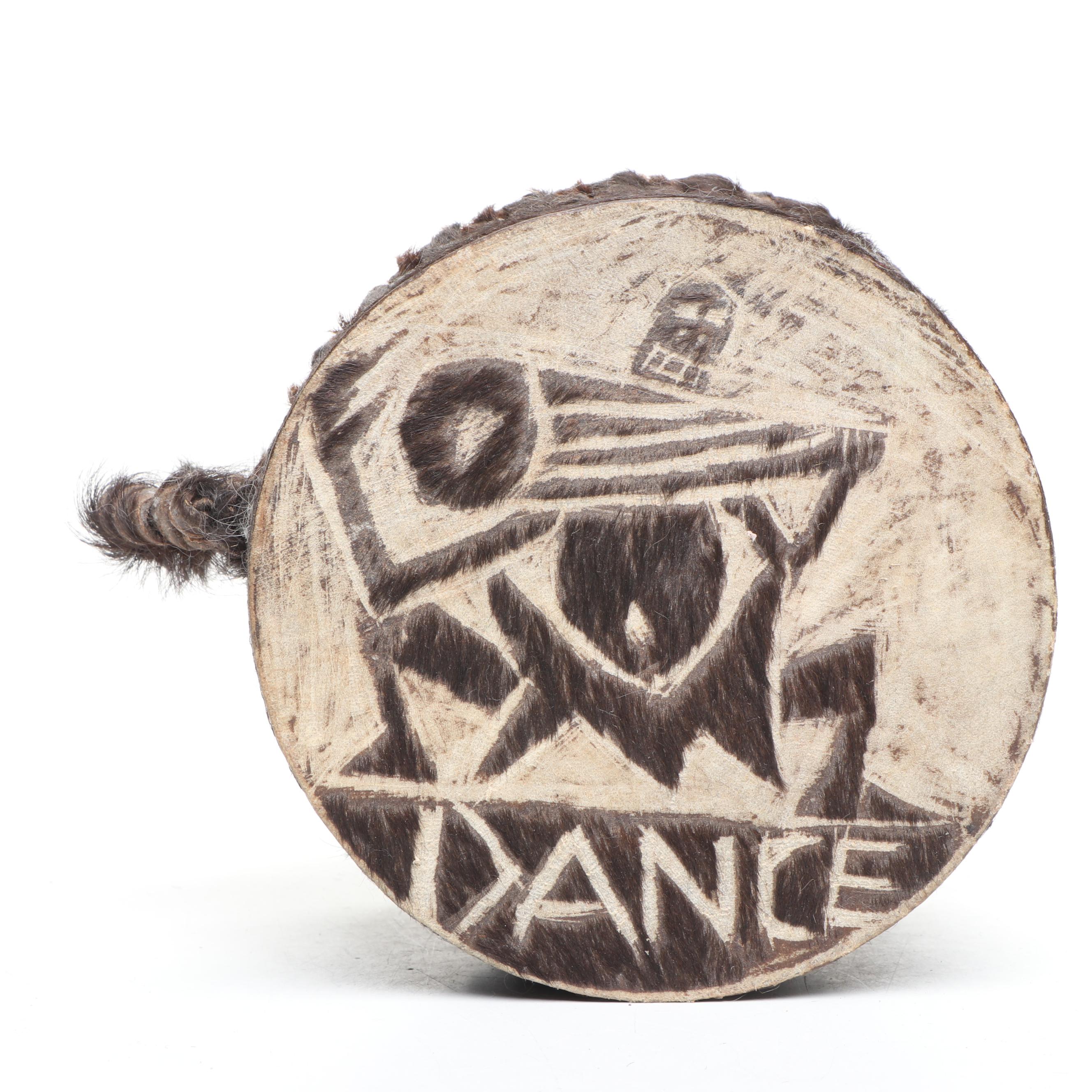 African Carved Wood Giraffes and Antelope with Hide Wrapped Metal Hand Drum