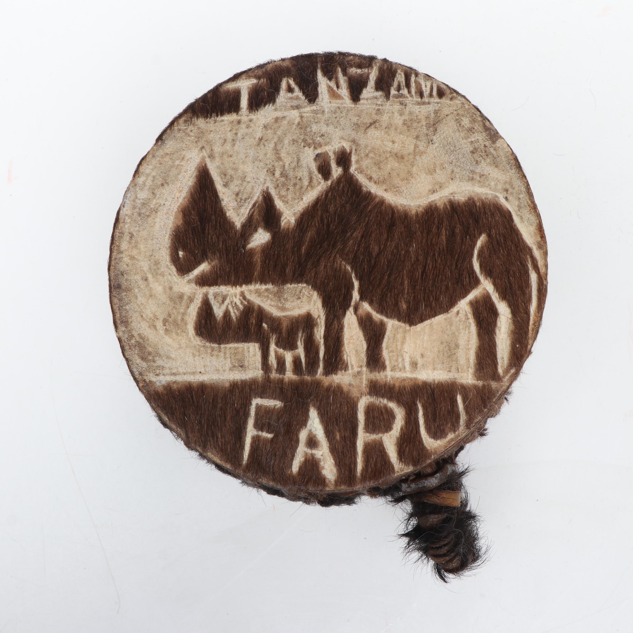 African Carved Wood Giraffes and Antelope with Hide Wrapped Metal Hand Drum