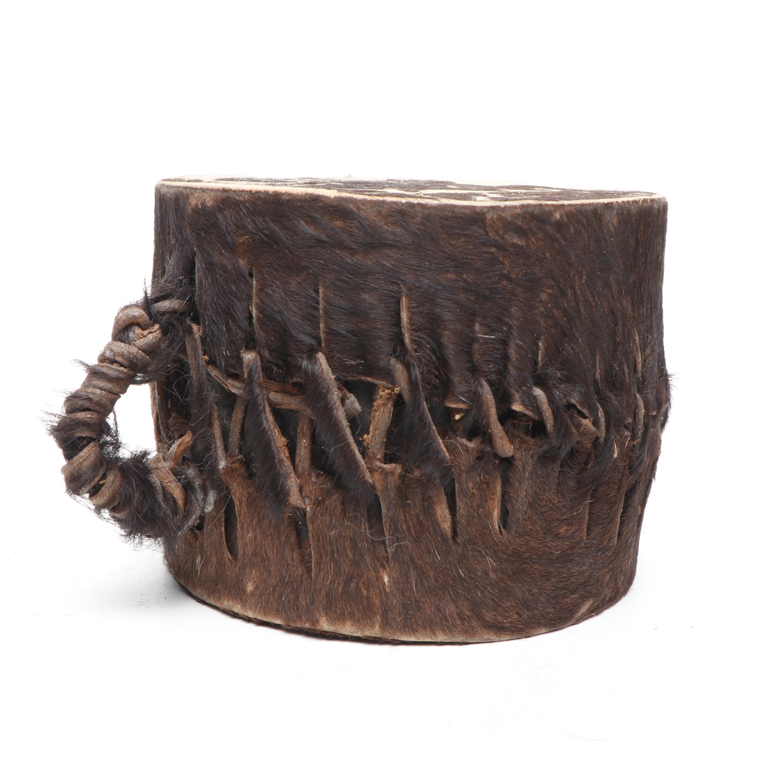 African Carved Wood Giraffes and Antelope with Hide Wrapped Metal Hand Drum