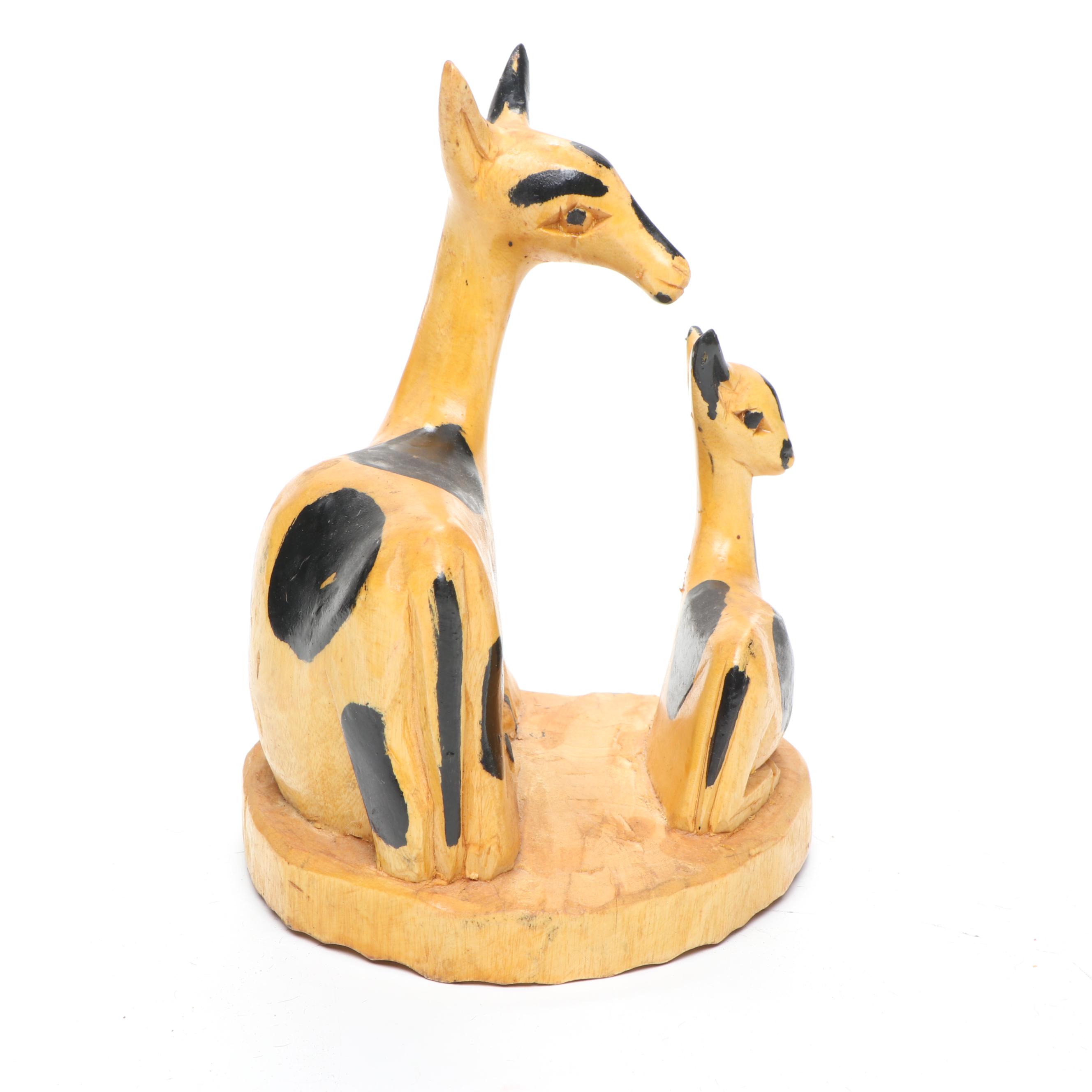 African Carved Wood Giraffes and Antelope with Hide Wrapped Metal Hand Drum