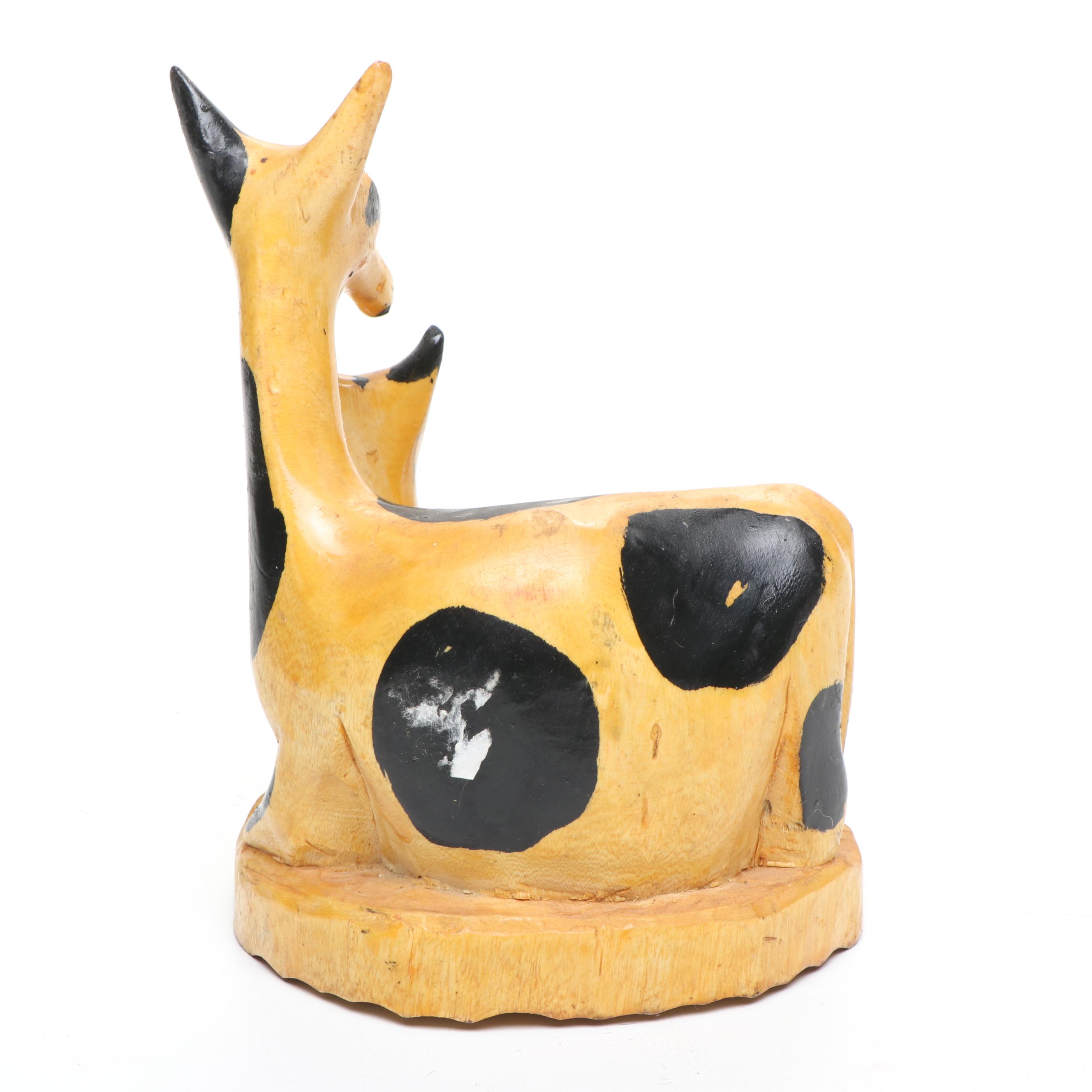 African Carved Wood Giraffes and Antelope with Hide Wrapped Metal Hand Drum