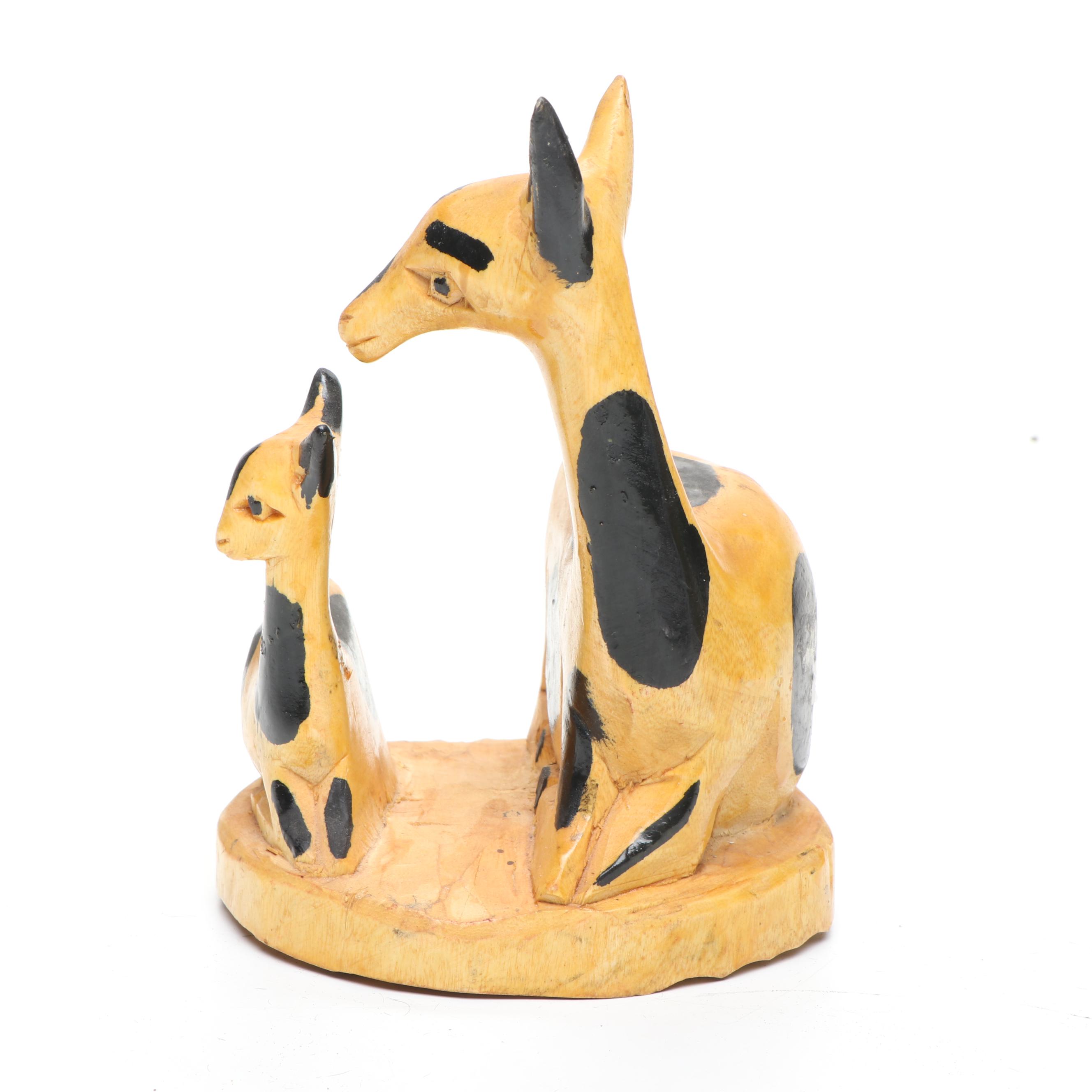African Carved Wood Giraffes and Antelope with Hide Wrapped Metal Hand Drum