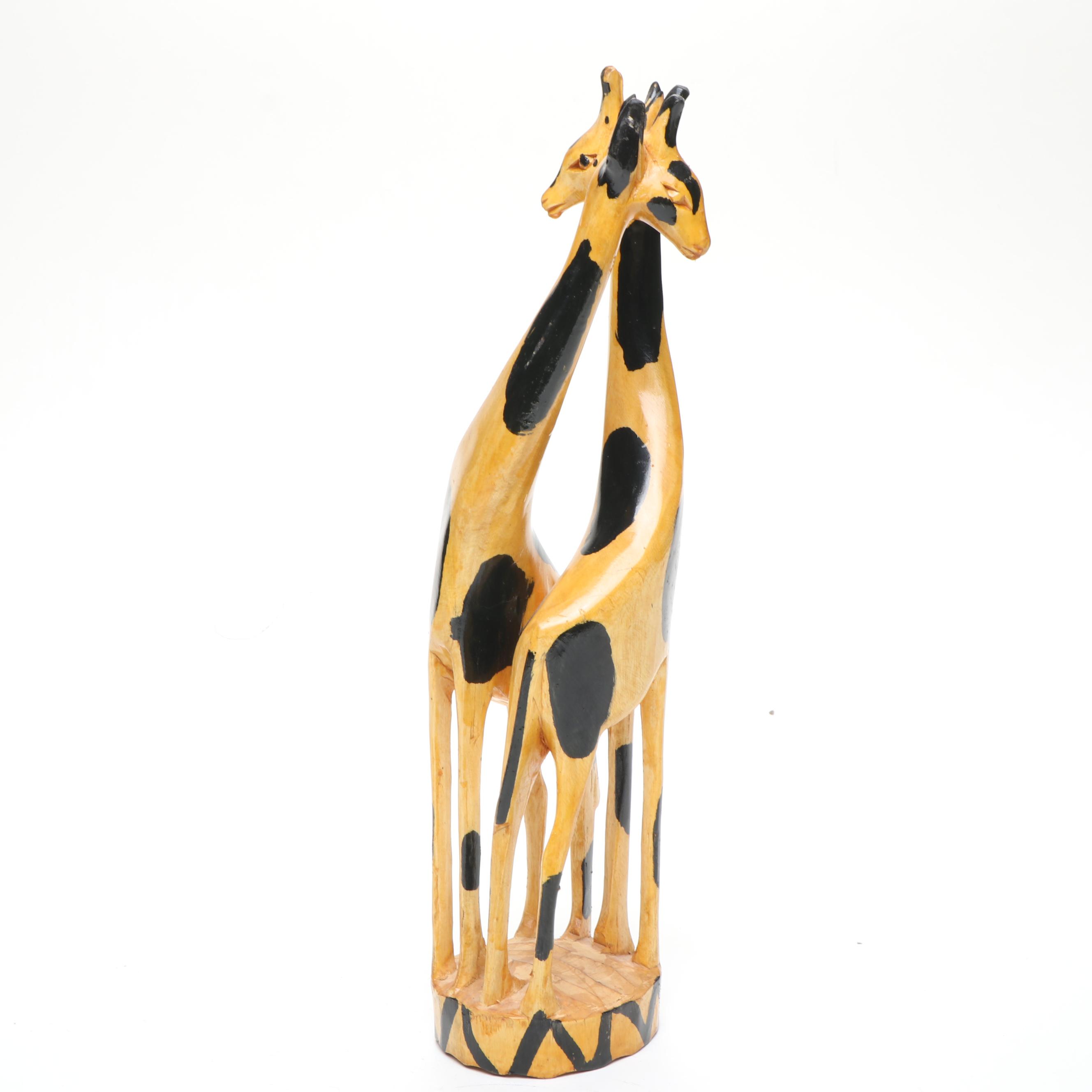 African Carved Wood Giraffes and Antelope with Hide Wrapped Metal Hand Drum