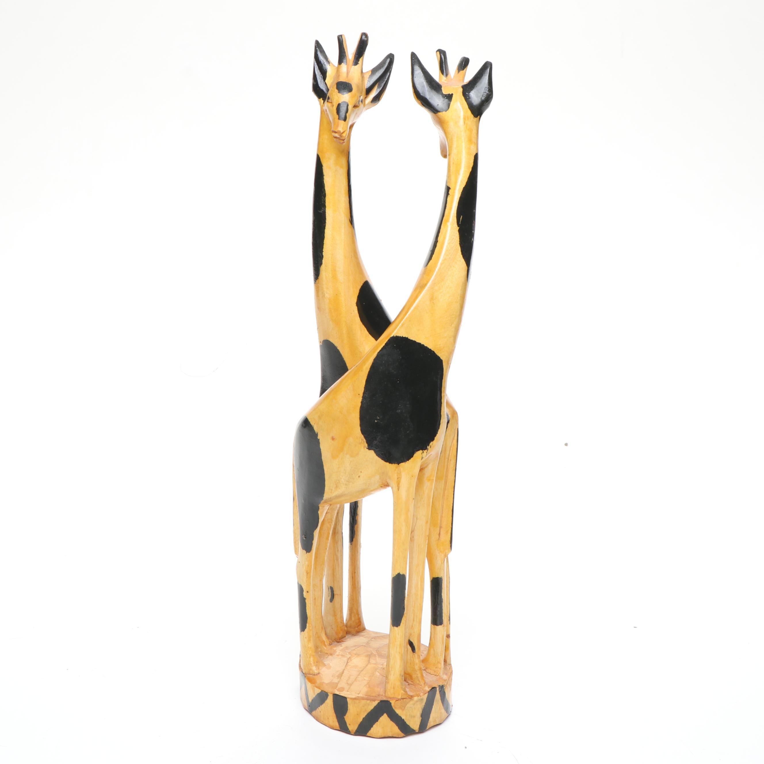 African Carved Wood Giraffes and Antelope with Hide Wrapped Metal Hand Drum