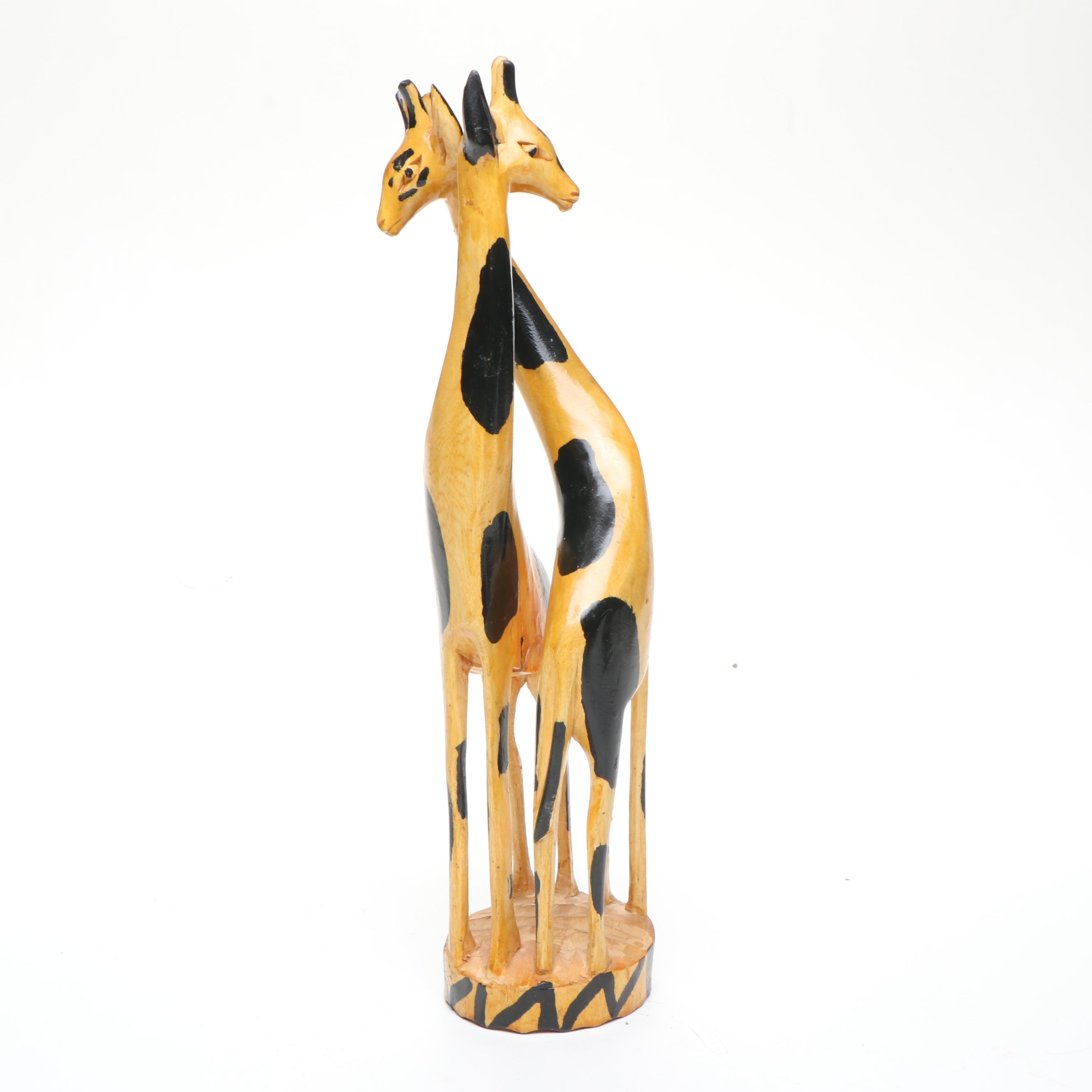 African Carved Wood Giraffes and Antelope with Hide Wrapped Metal Hand Drum