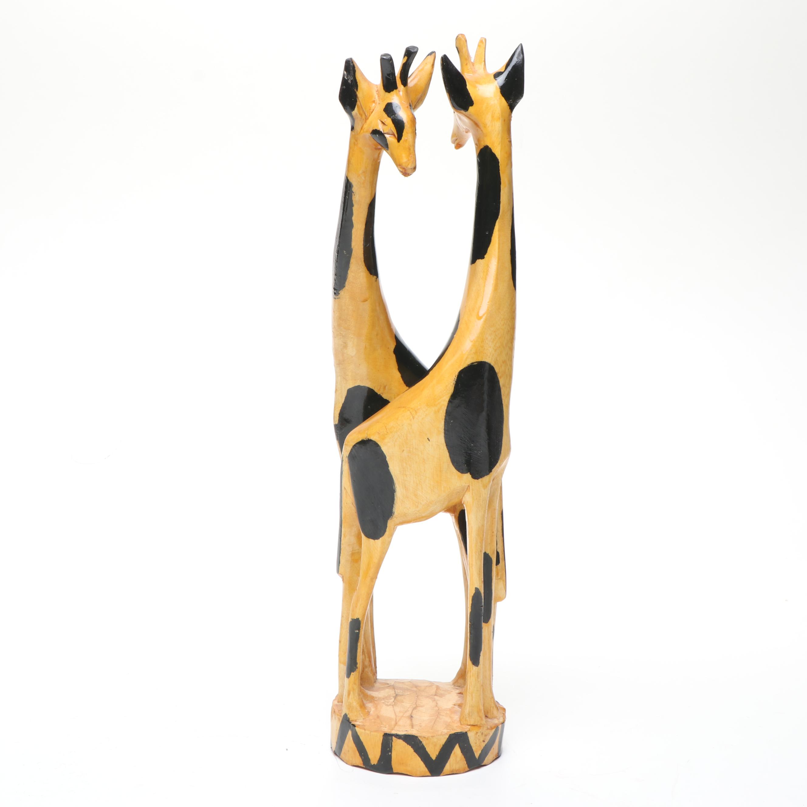 African Carved Wood Giraffes and Antelope with Hide Wrapped Metal Hand Drum