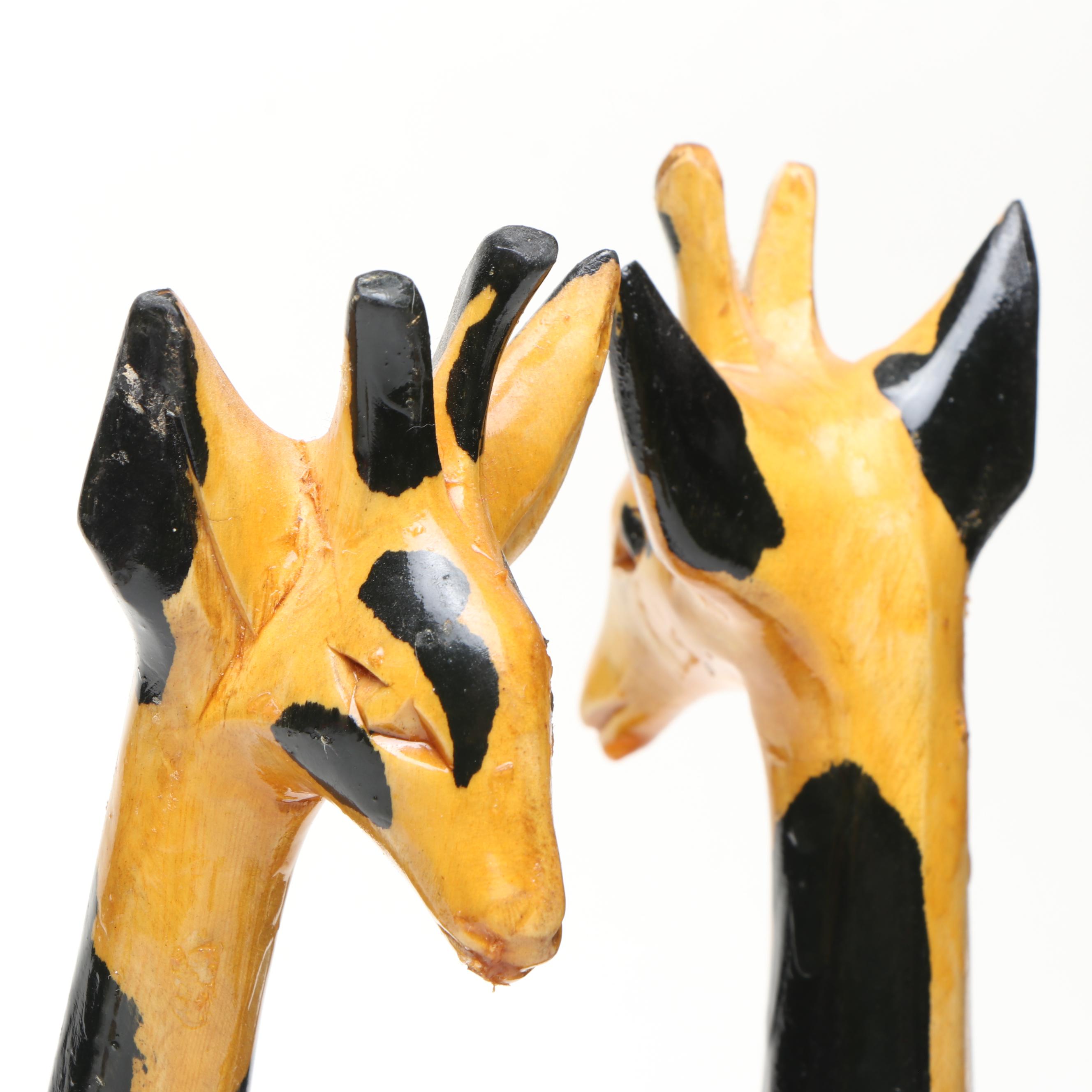 African Carved Wood Giraffes and Antelope with Hide Wrapped Metal Hand Drum
