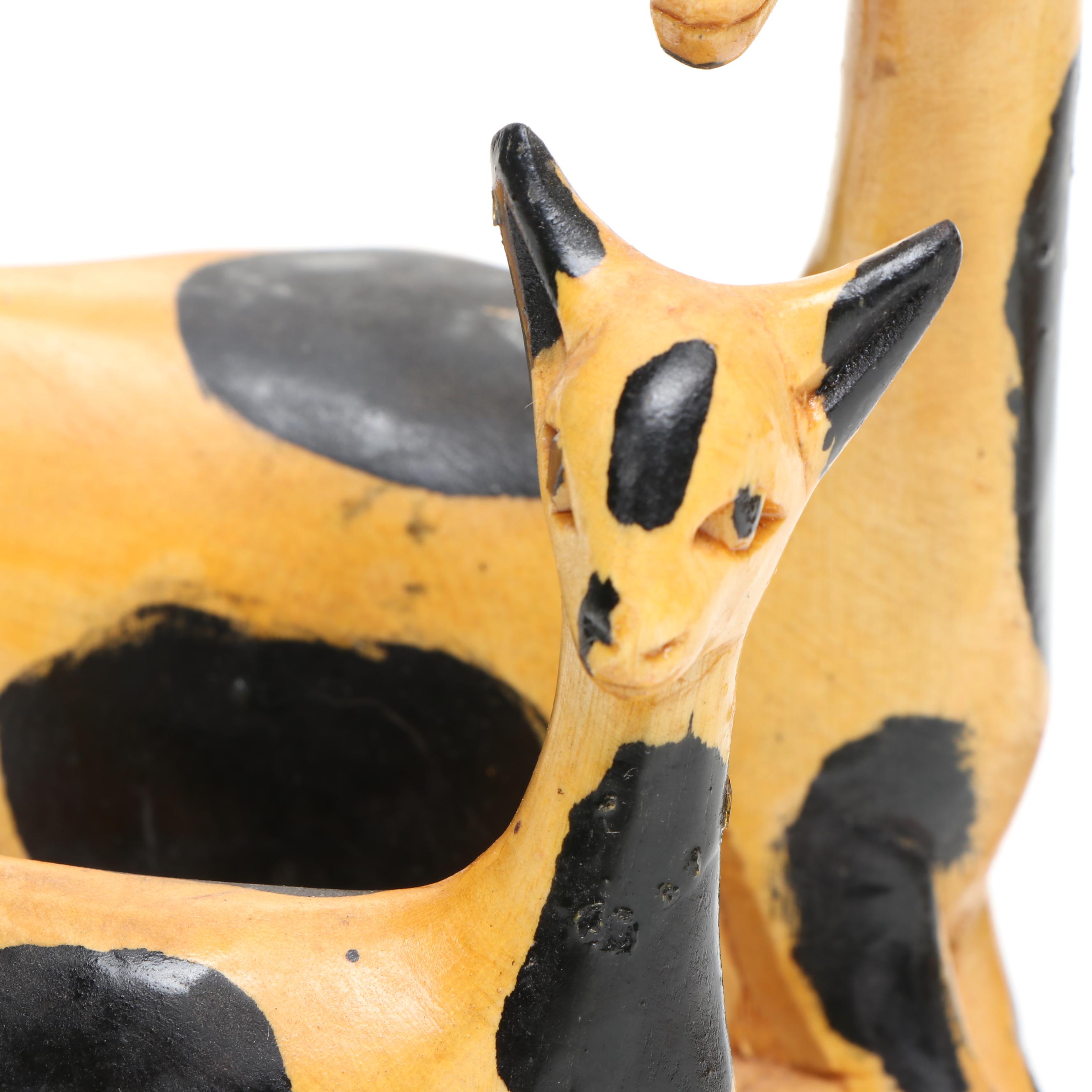 African Carved Wood Giraffes and Antelope with Hide Wrapped Metal Hand Drum