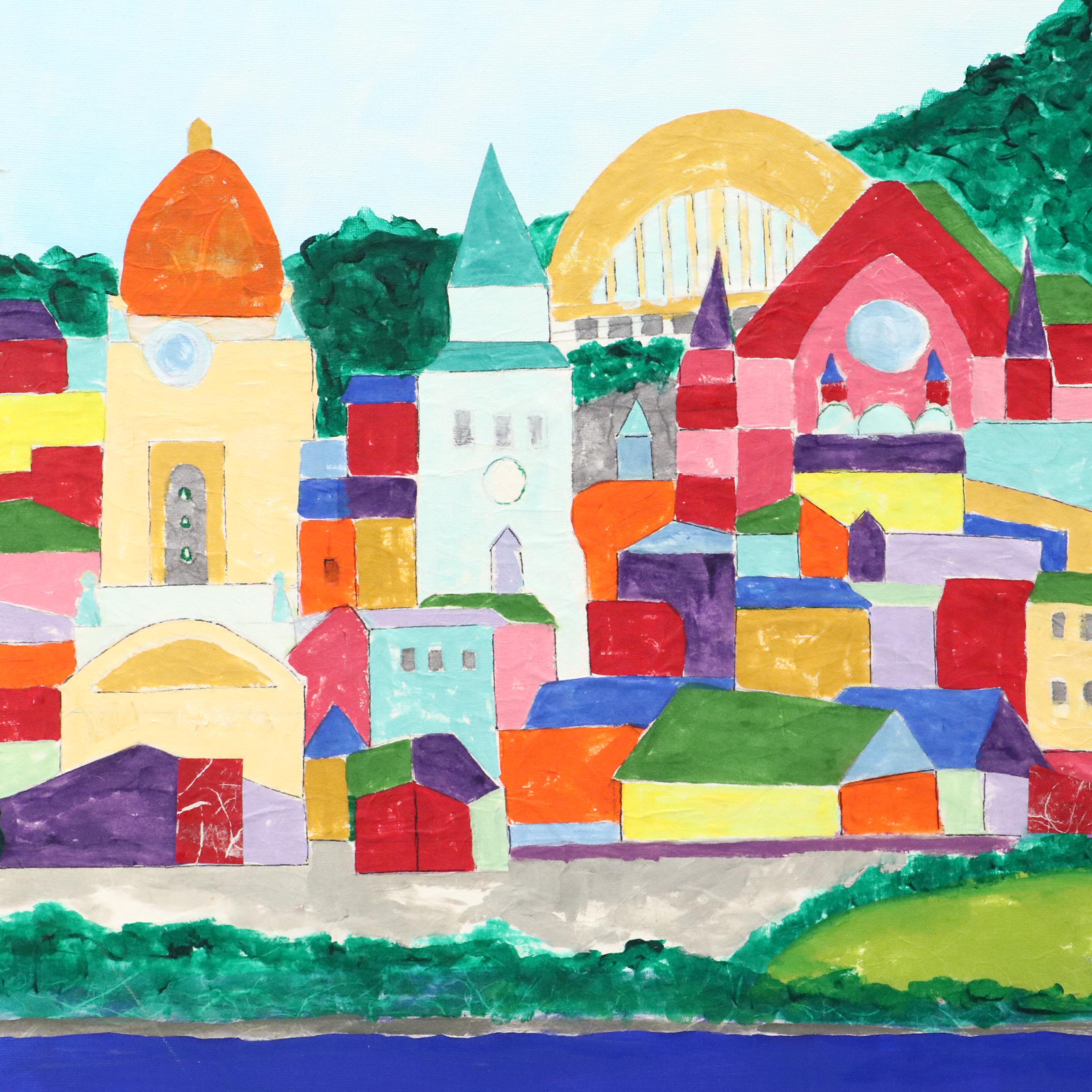 Lynn Elzey Mixed Media Painting "Cincinnati Waterfront"