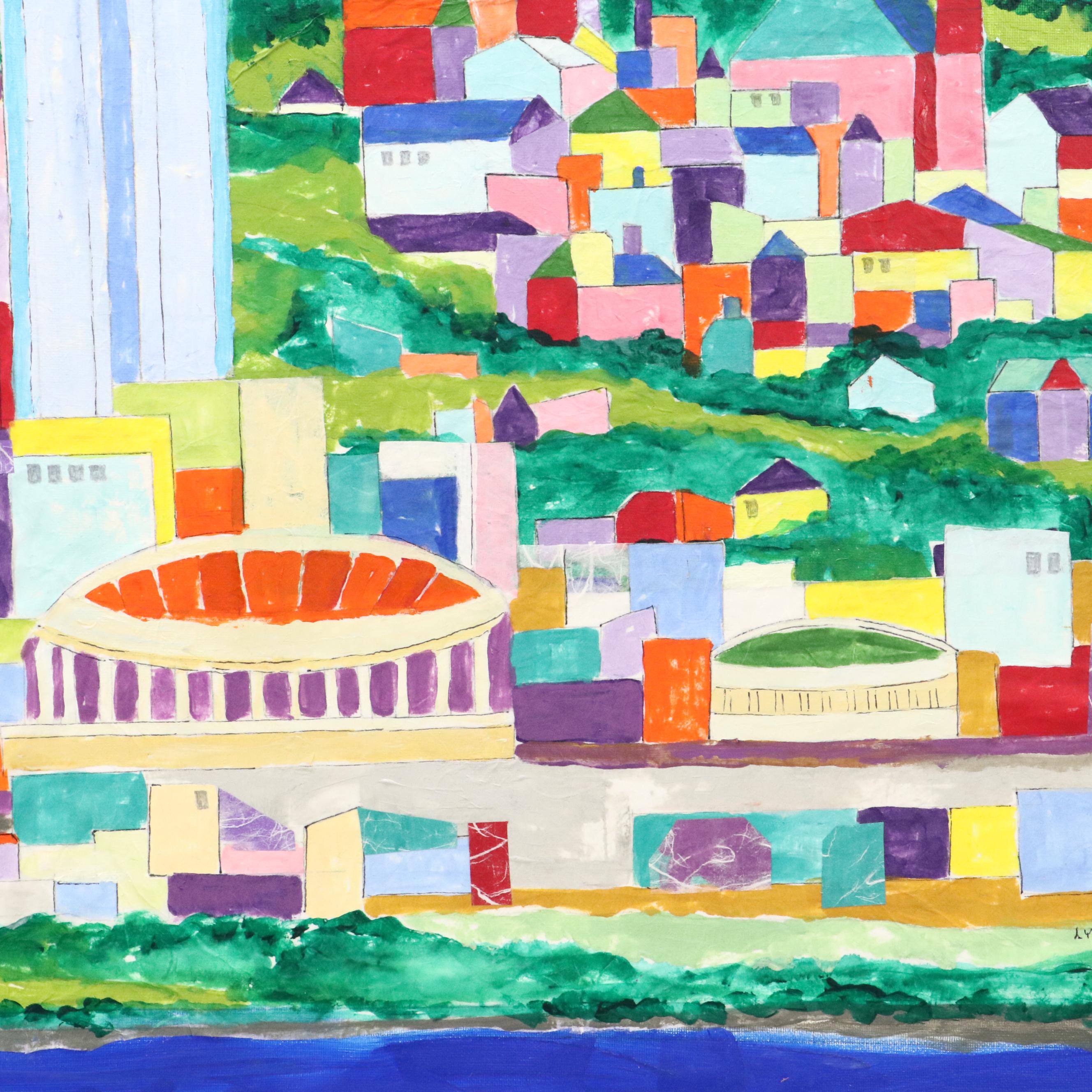 Lynn Elzey Mixed Media Painting "Cincinnati Waterfront"