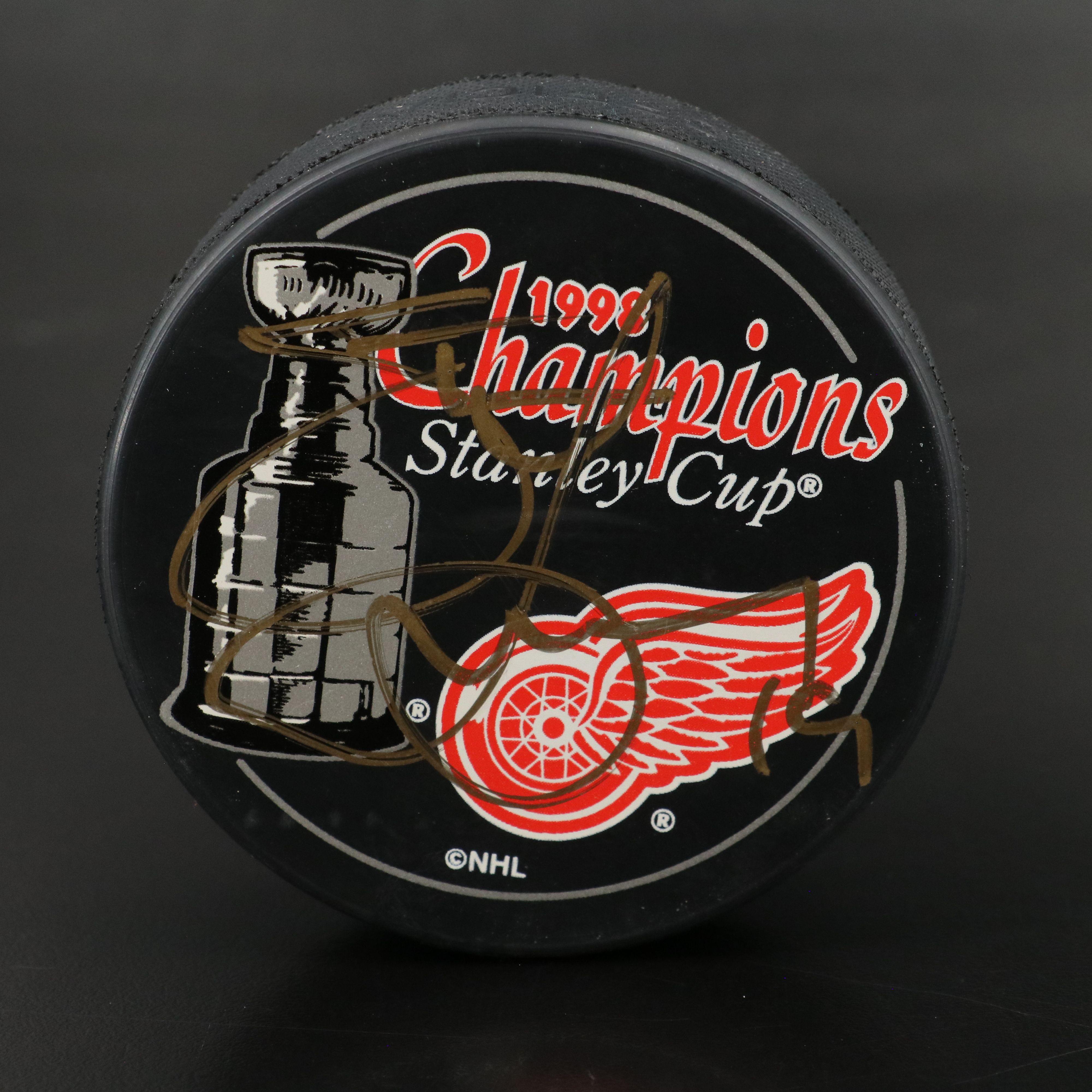 Steve Yzerman Signed Commemorative Hockey Puck, Stanley Cup, 1998