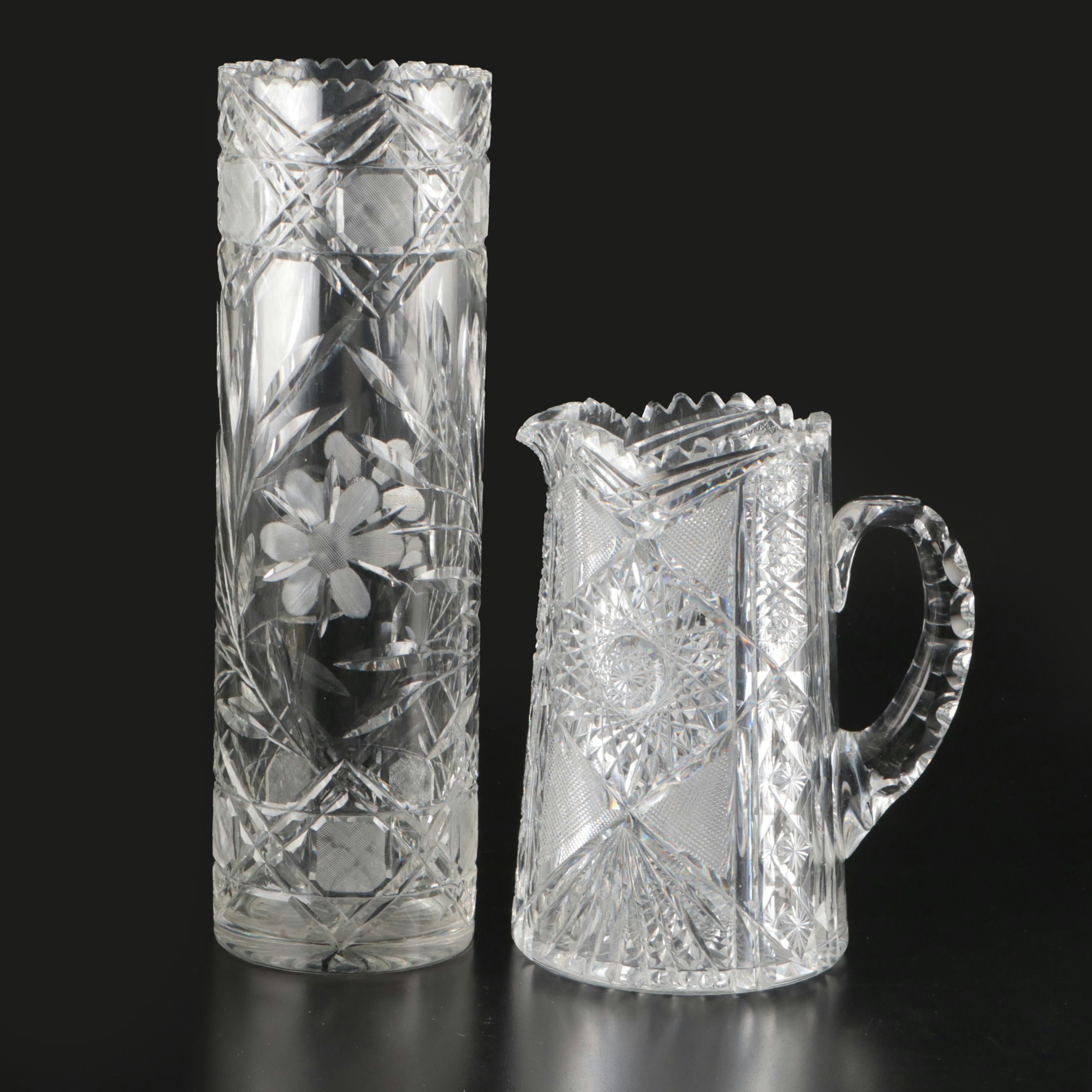American Brilliant Cut Glass Cylindrical Vase and Sawtooth Rim Pitcher, 20th C.