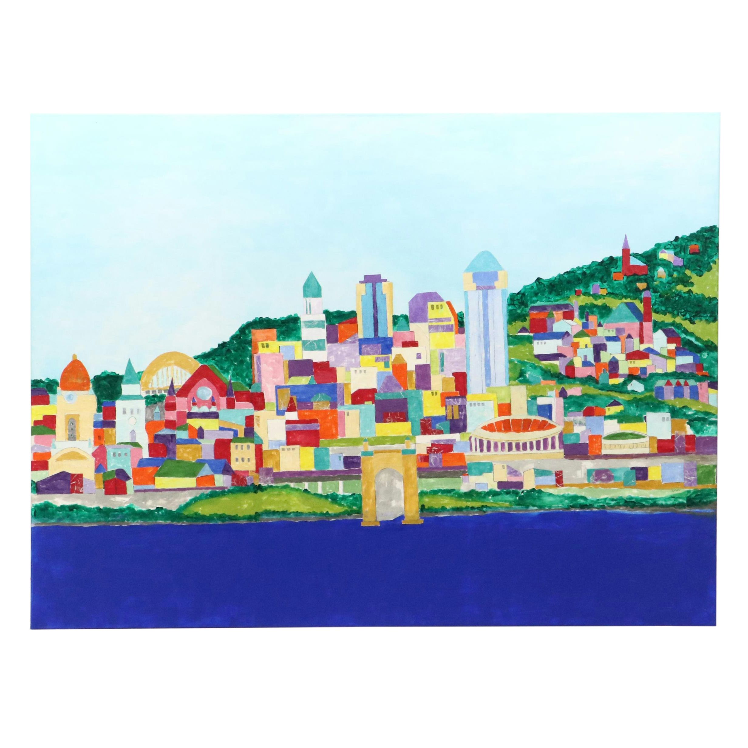 Lynn Elzey Mixed Media Painting "Cincinnati Waterfront"
