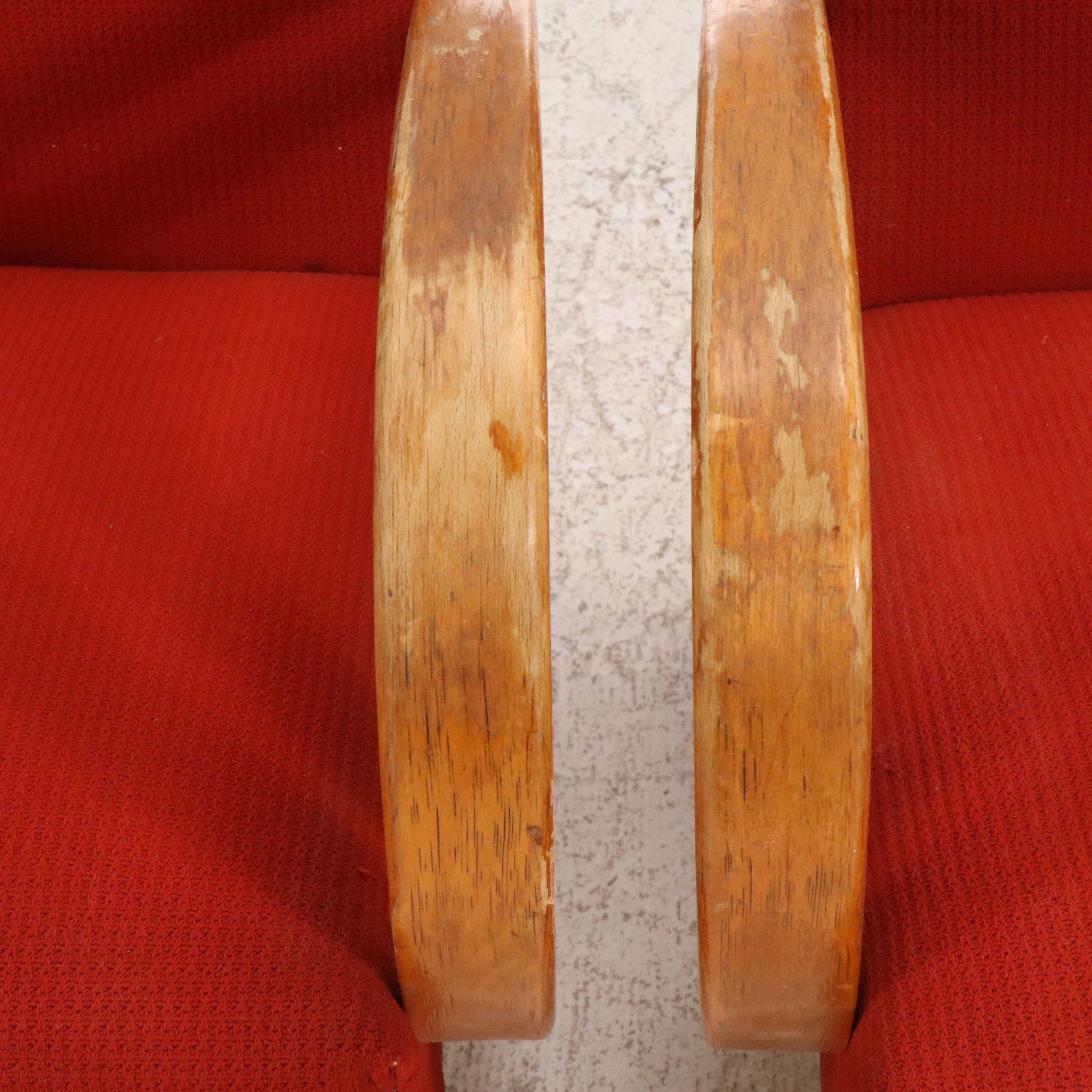 Pair of Red Fabric Upholstered Bent Wood Armchairs, Manner of Jindřich Halabala