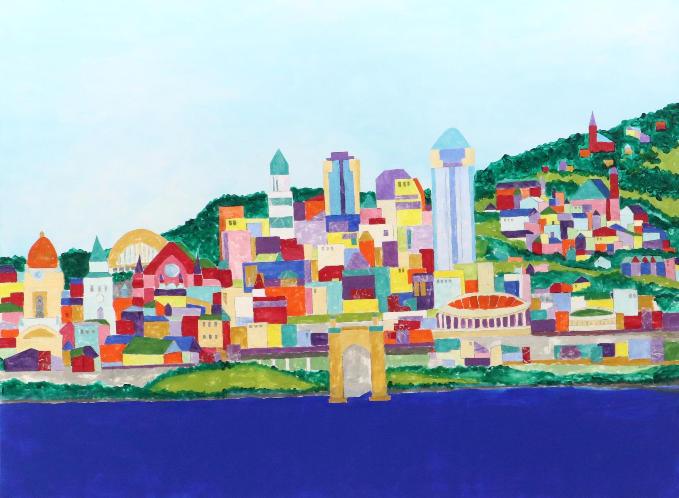 Lynn Elzey Mixed Media Painting "Cincinnati Waterfront"