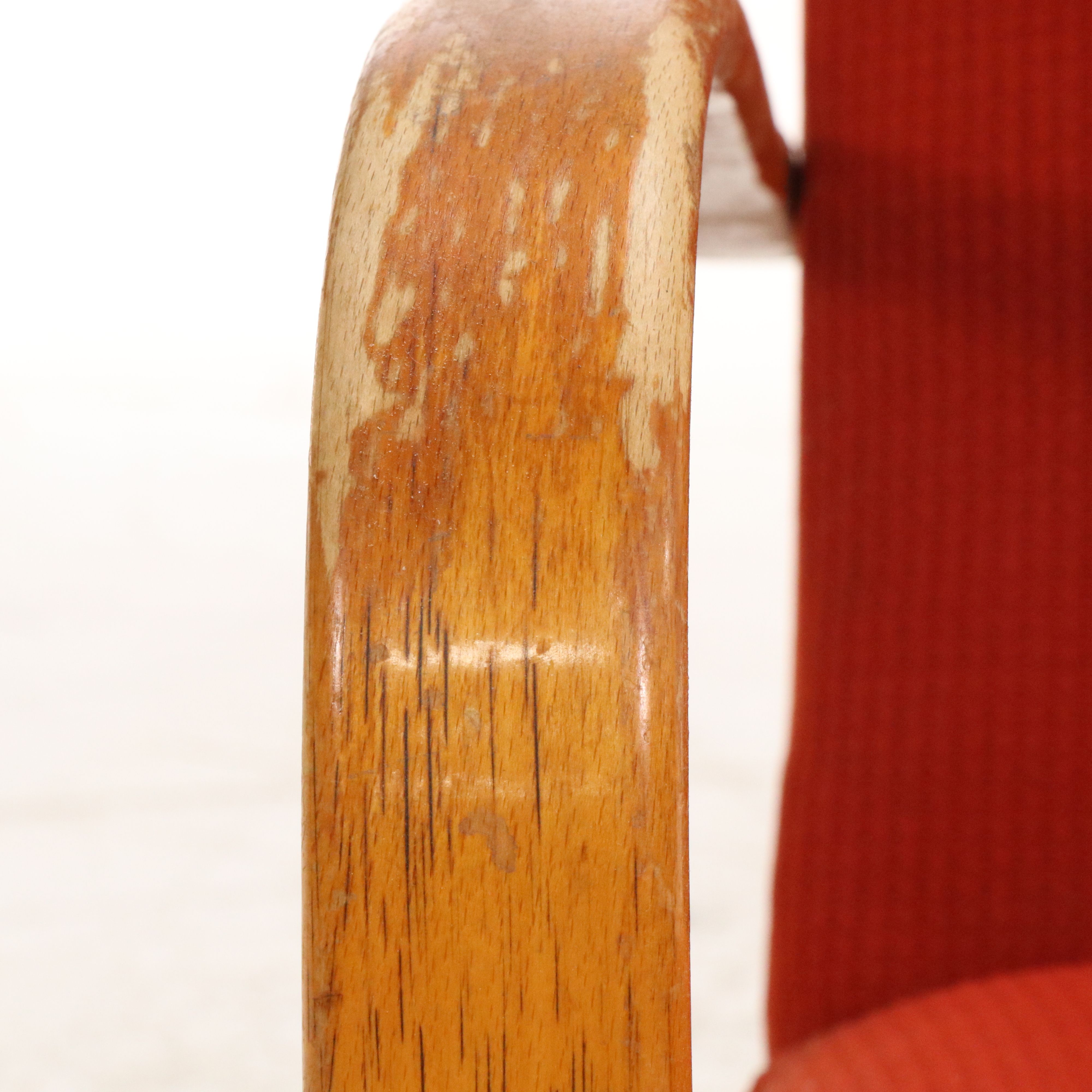 Pair of Red Fabric Upholstered Bent Wood Armchairs, Manner of Jindřich Halabala