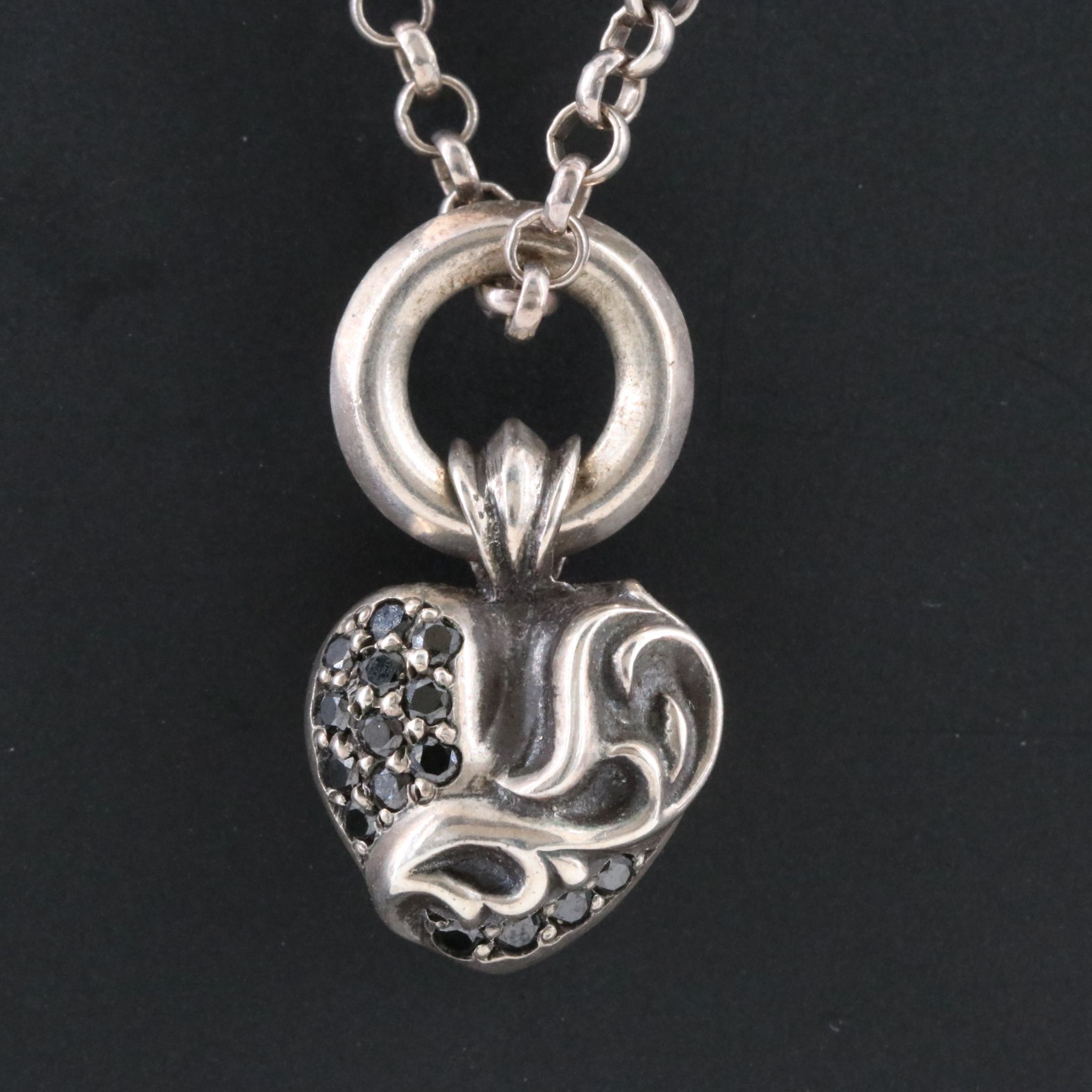 Chrome Hearts Sterling and Black Diamond Heart Pendant Necklace