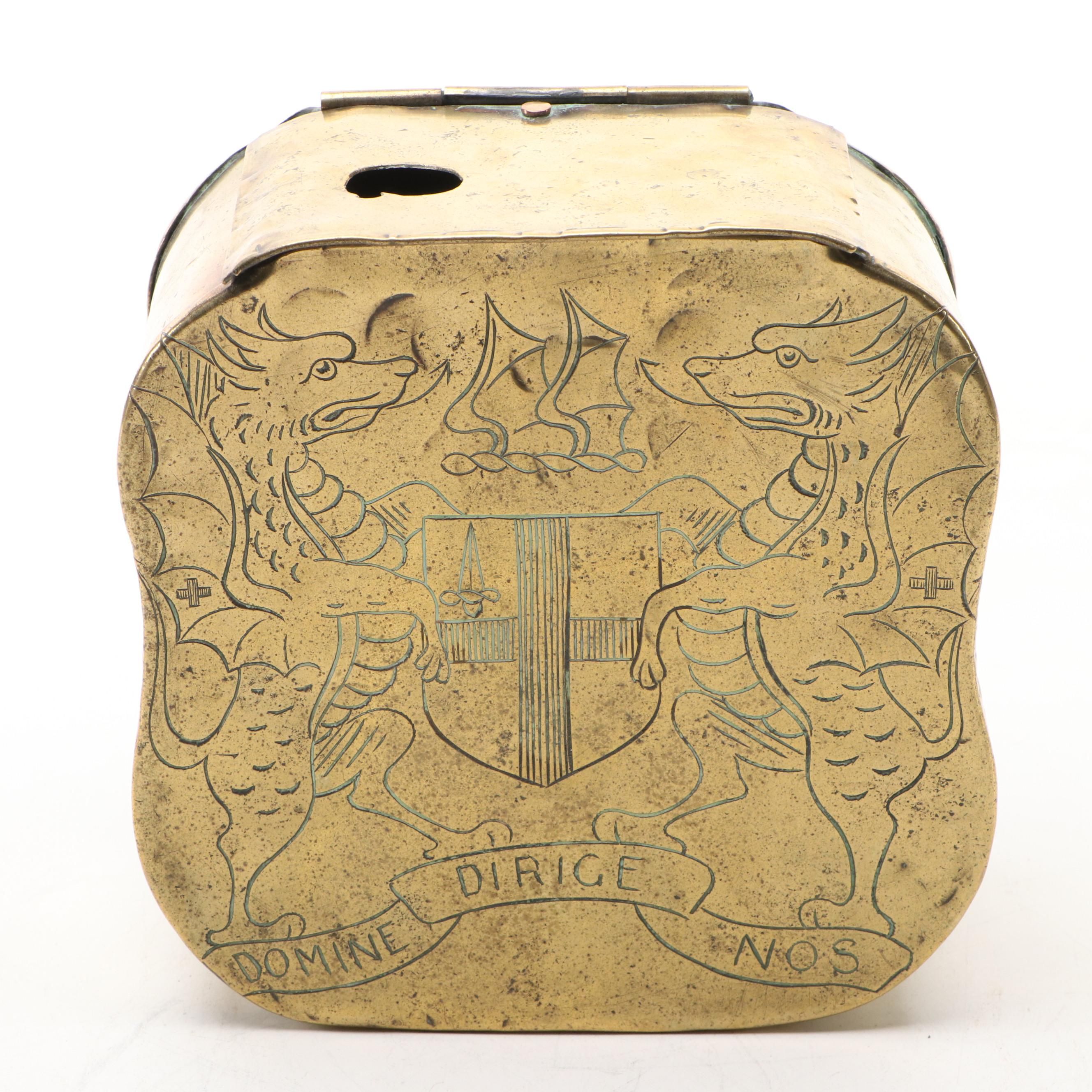 English Brass Wall Mounted Coin Box Engraved with the London Coat of Arms