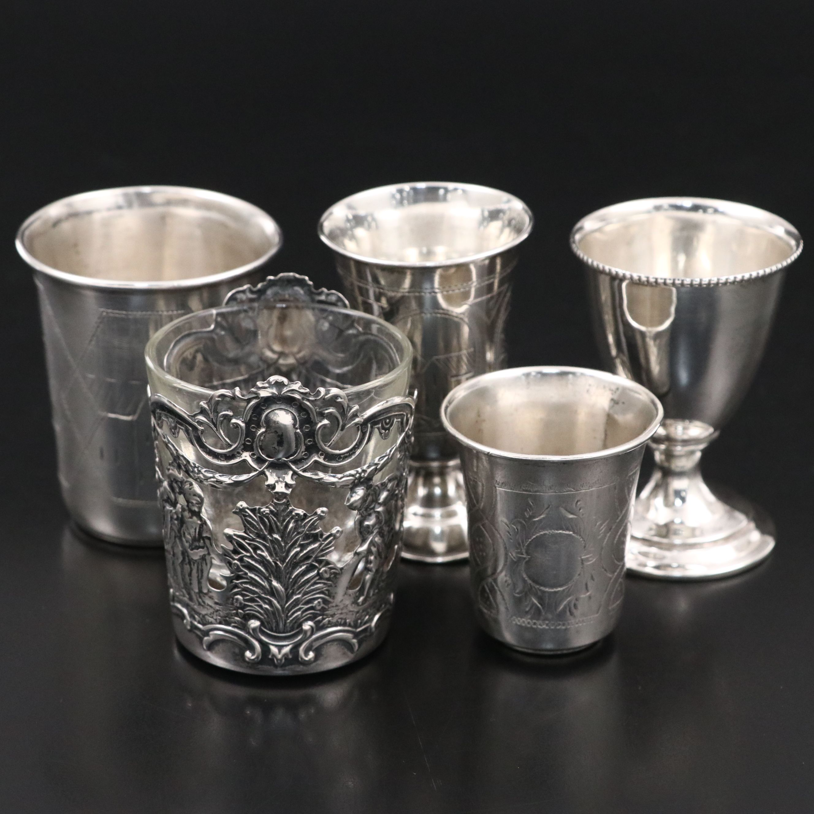 Hanau Repoussé Silver Over Glass with Russian 875 and Other Silver Cups