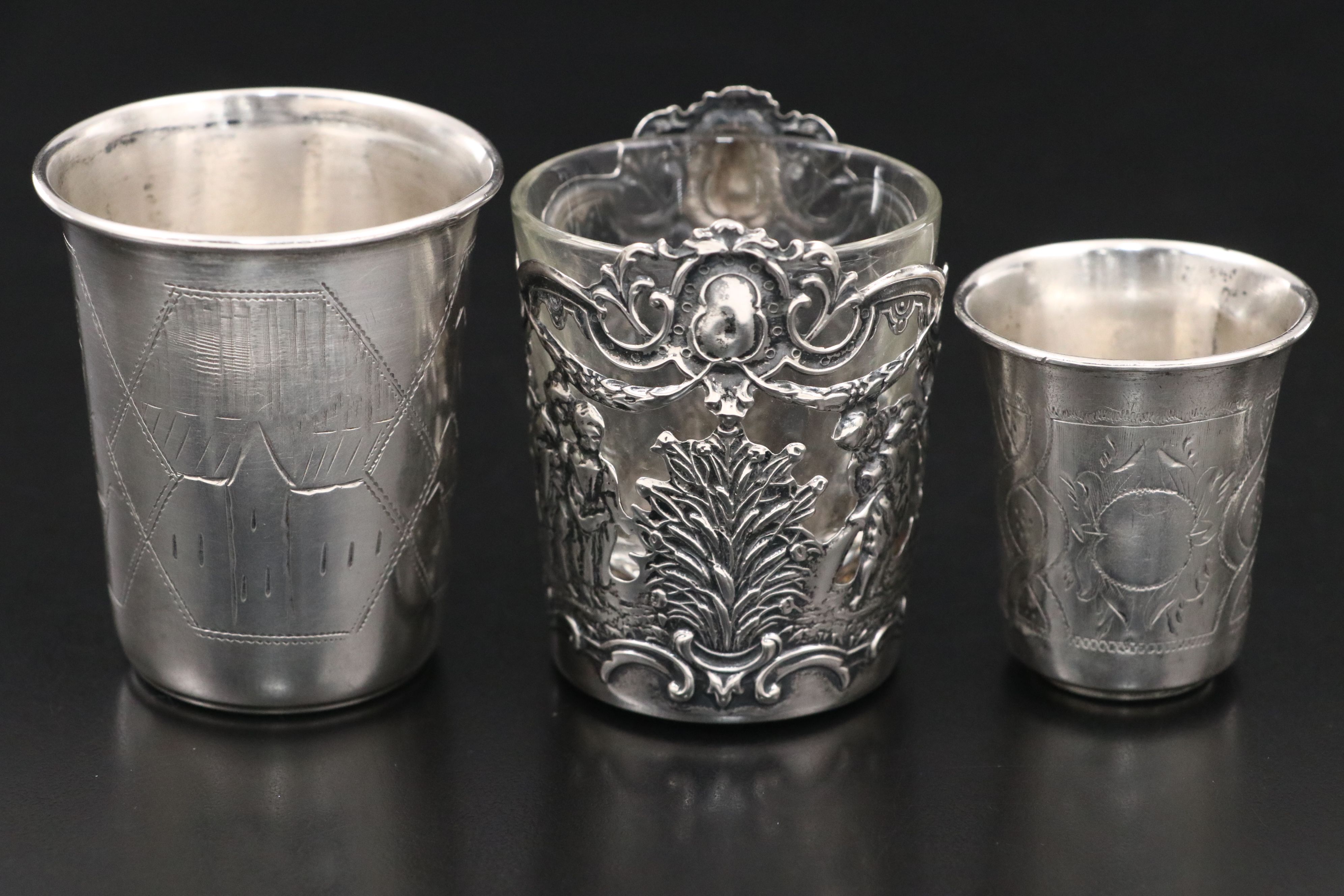 Hanau Repoussé Silver Over Glass with Russian 875 and Other Silver Cups